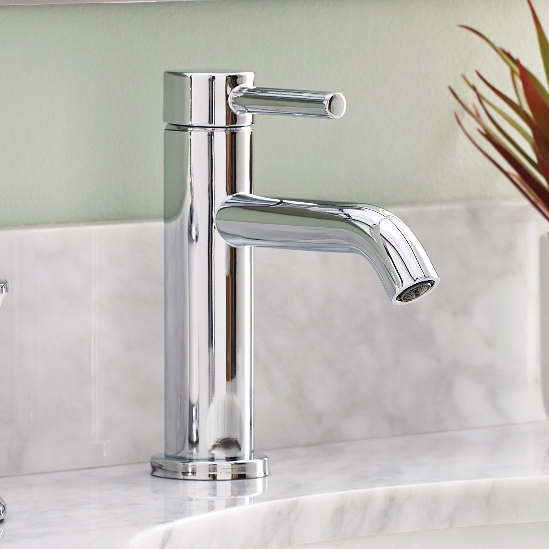 slide 1 of 6, allen + roth Harlow Simplefit Polished Chrome Single hole 1-handle WaterSense Mid-arc Residential Handle Bathroom Sink Faucet with Drain with Deck Plate, 1 ct