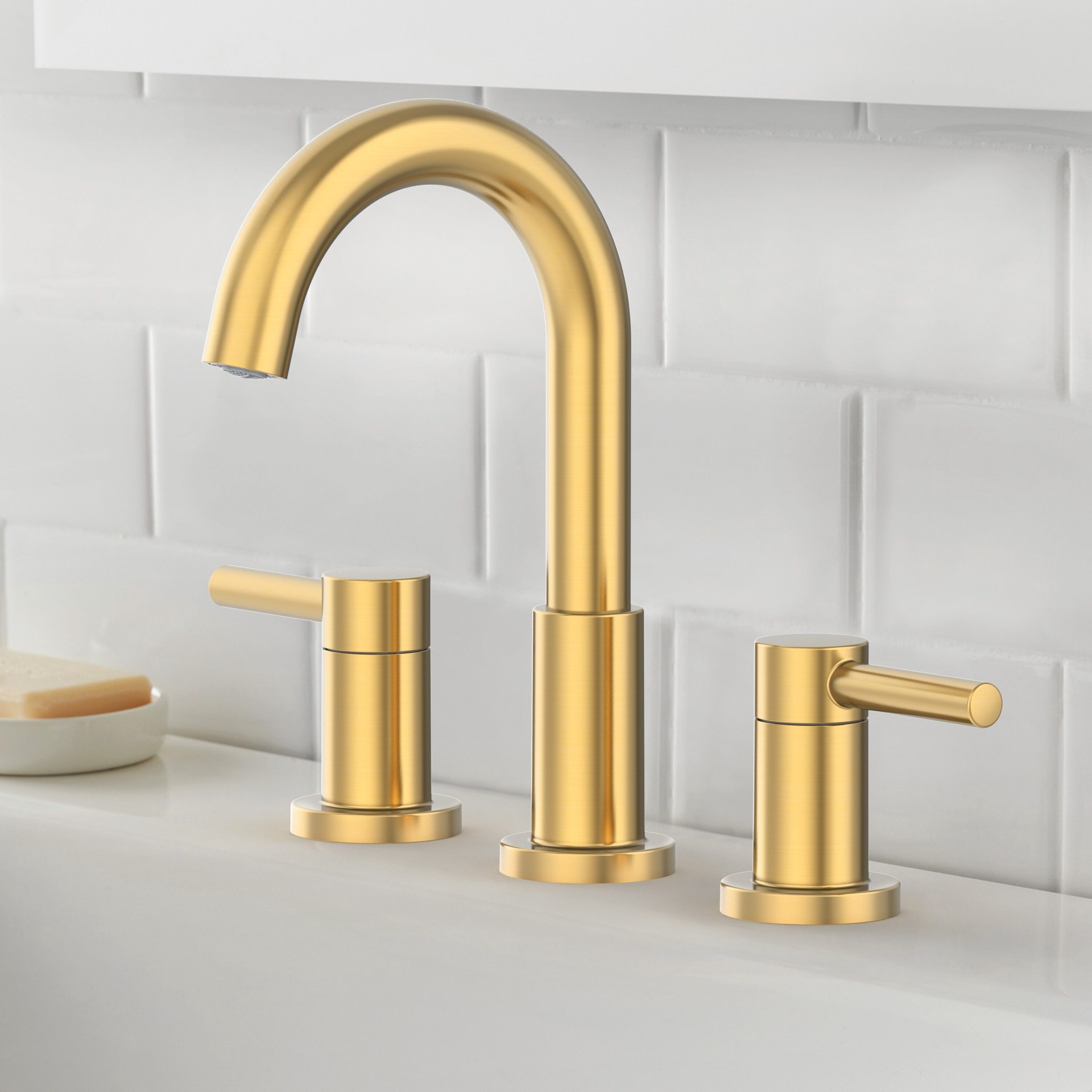slide 1 of 6, allen + roth Harlow Simplefit Brushed Gold Widespread 2-handle WaterSense Mid-arc Residential Handle Bathroom Sink Faucet with Drain, 1 ct