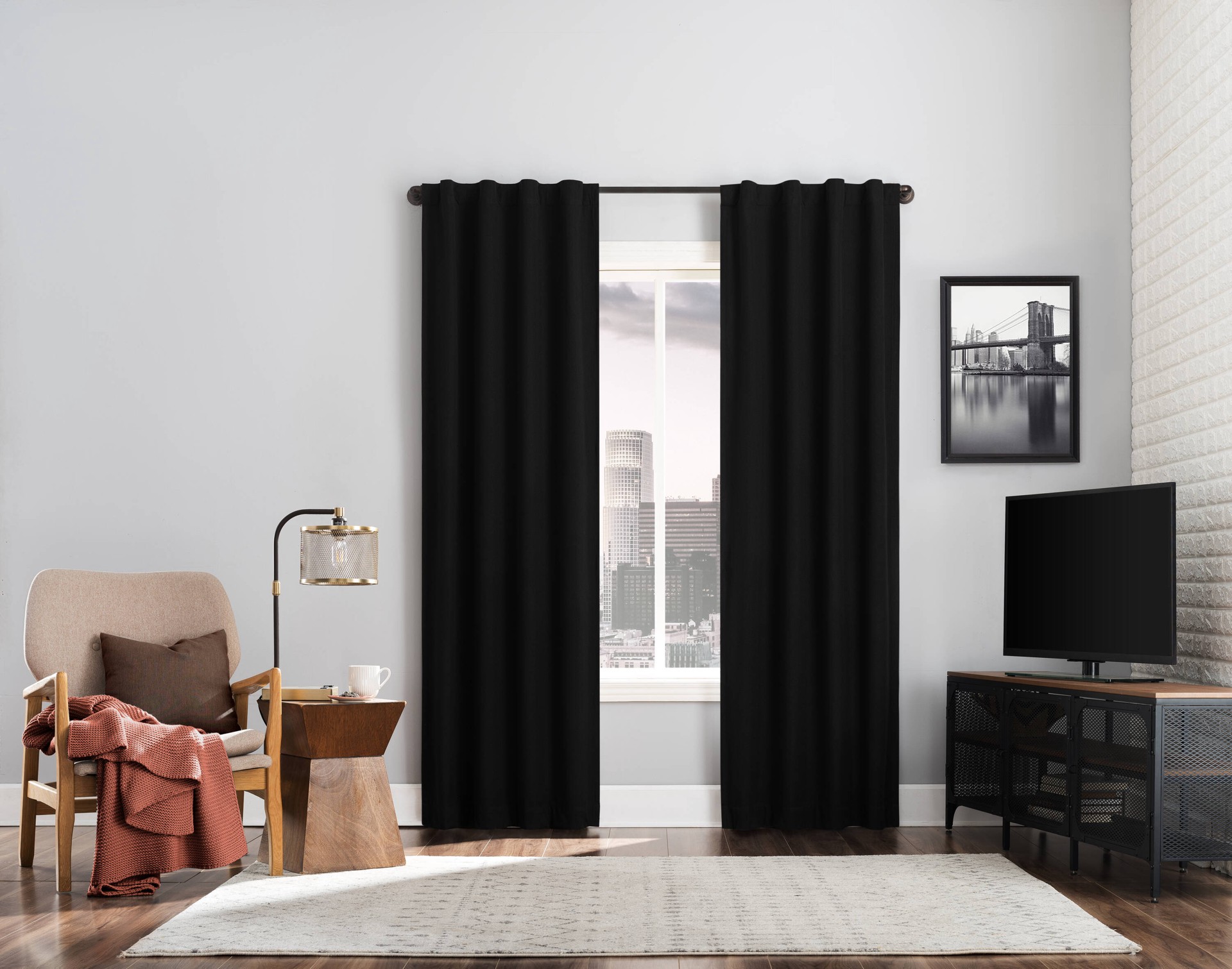 slide 1 of 6, Sun Zero 84-in Black Blackout Standard lined Back tab Curtain panel pair, 1 ct