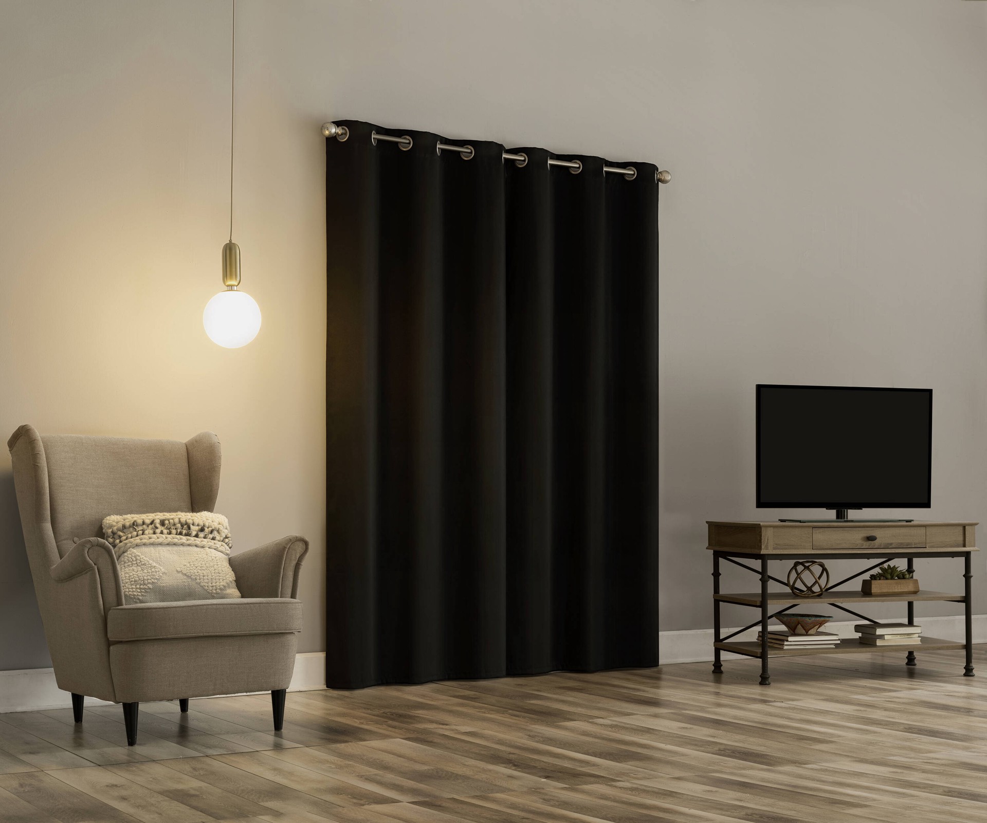 slide 5 of 6, Sun Zero 84-in Black Blackout Interlined Grommet Curtain panel pair, 1 ct