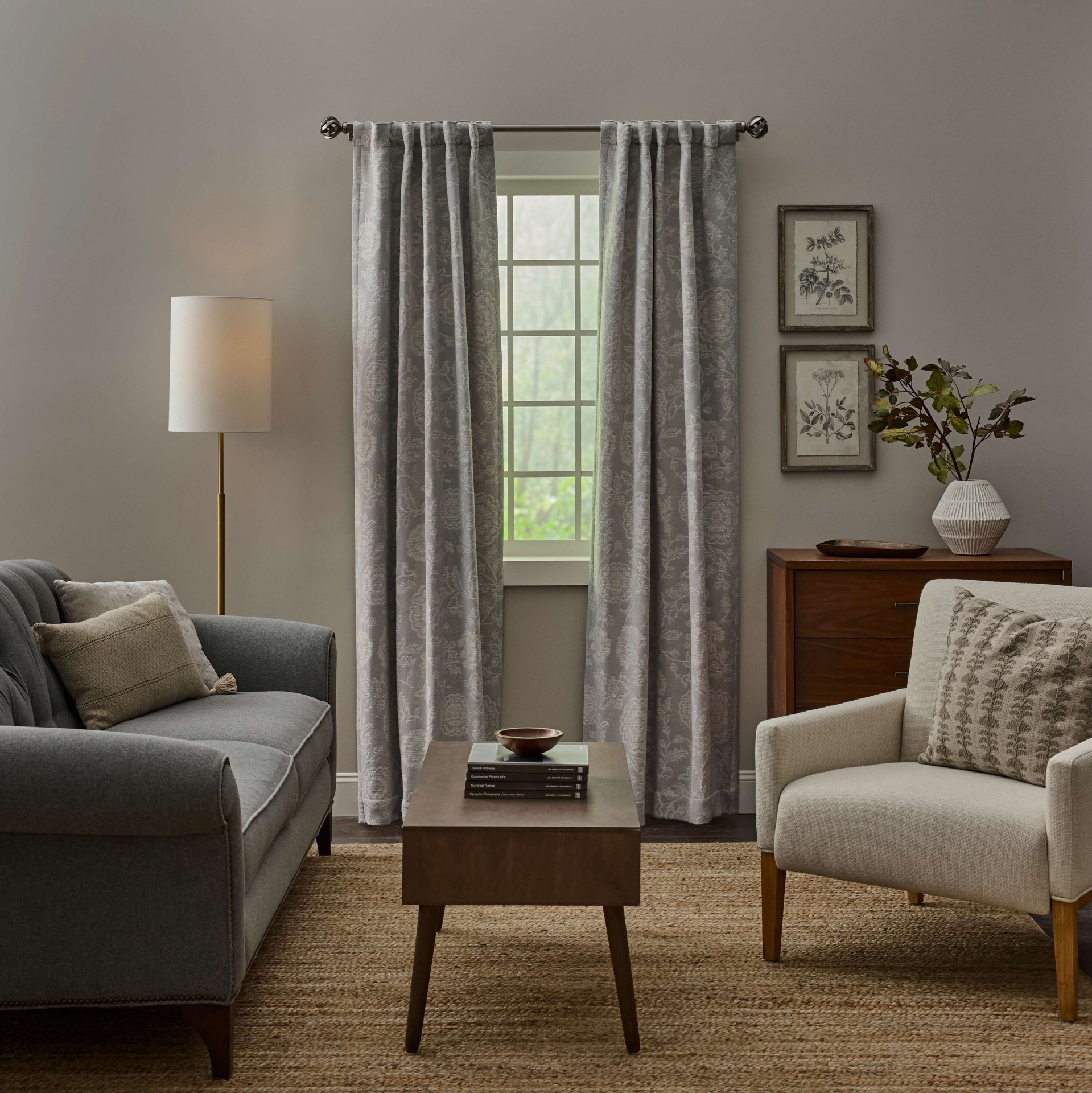 slide 1 of 5, allen + roth 84-in Warm Gray Floral Room darkening Interlined Back tab Single curtain panel, 1 ct