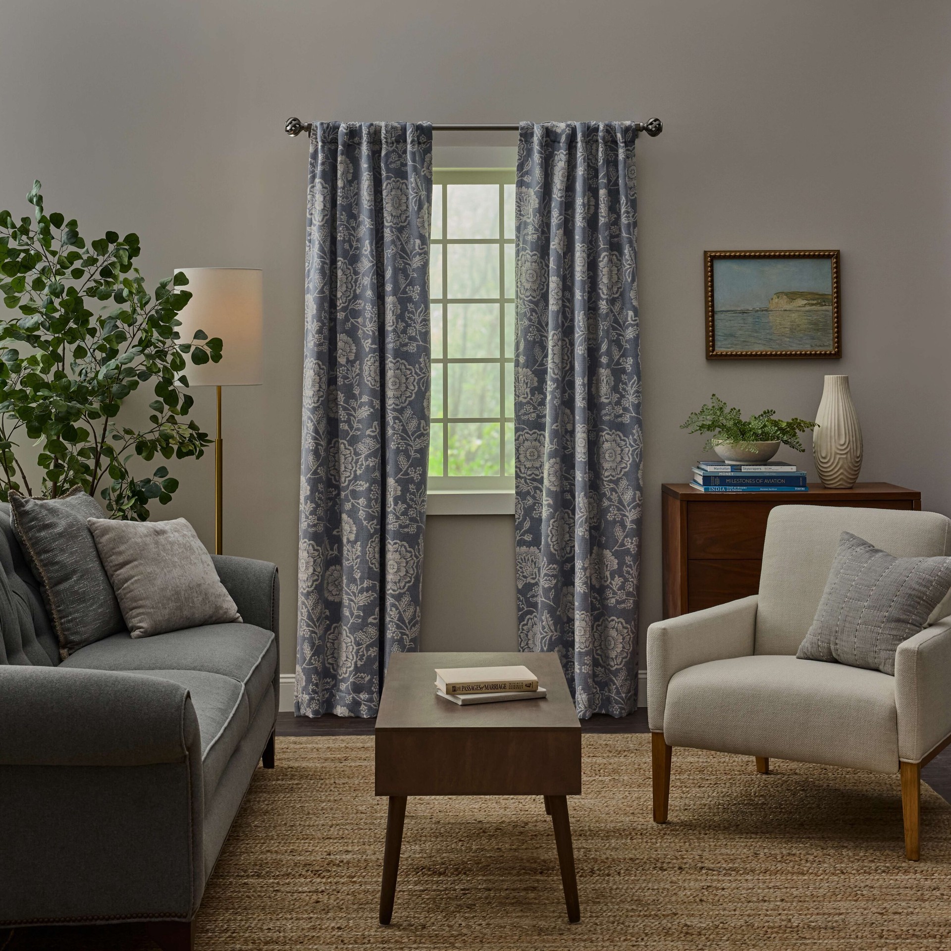 slide 1 of 5, allen + roth 84-in Indigo Floral Room darkening Interlined Back tab Single curtain panel, 1 ct