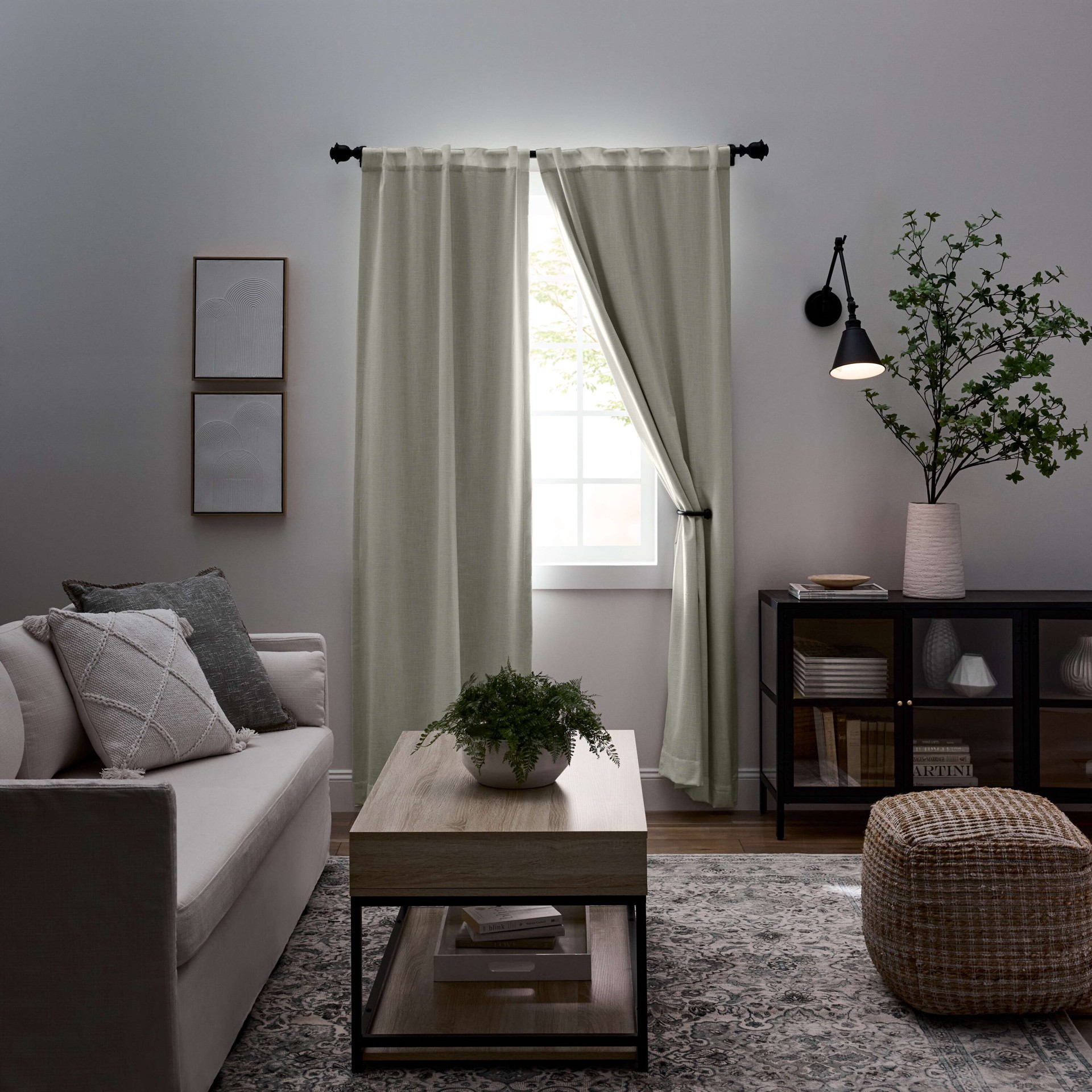 slide 1 of 5, allen + roth 84-in Ivory Blackout Interlined Back tab Curtain panel pair, 1 ct