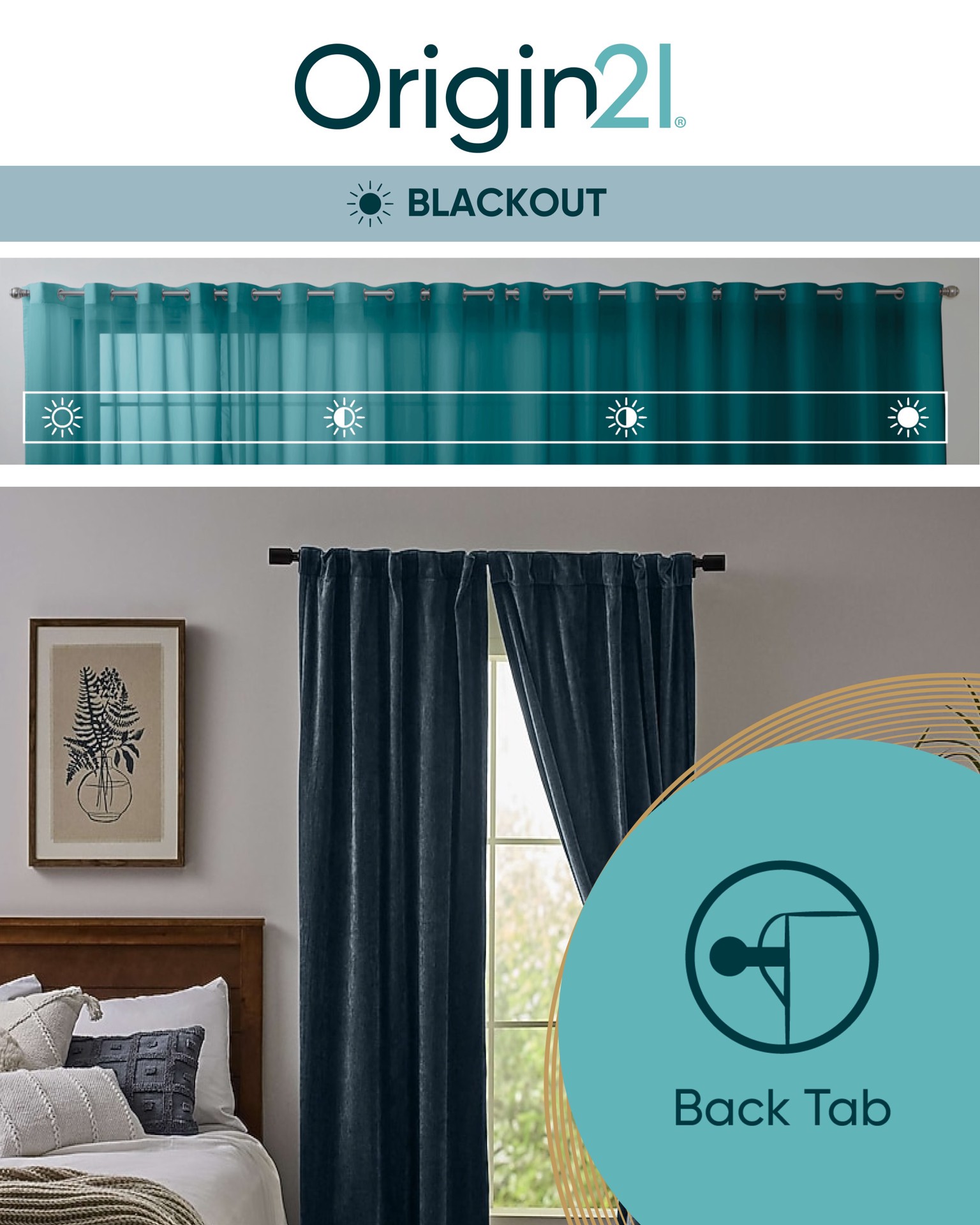 slide 2 of 5, Origin 21 84-in Teal Blackout Interlined Back tab Single curtain panel, 1 ct