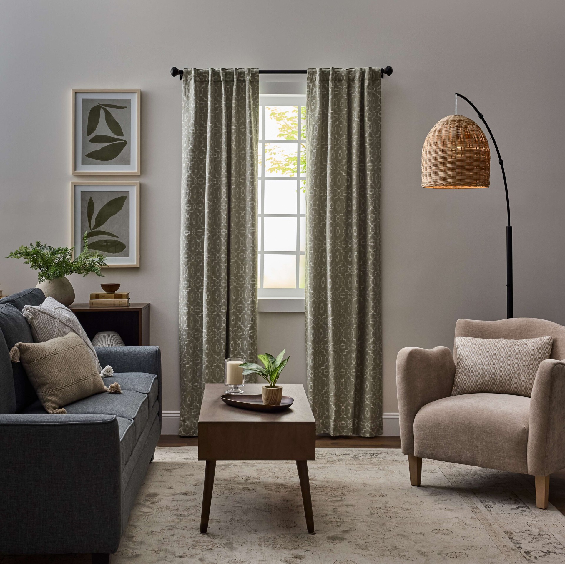 slide 1 of 5, allen + roth 84-in SAGE Trellis Room darkening Interlined Back tab Curtain panel pair, 1 ct