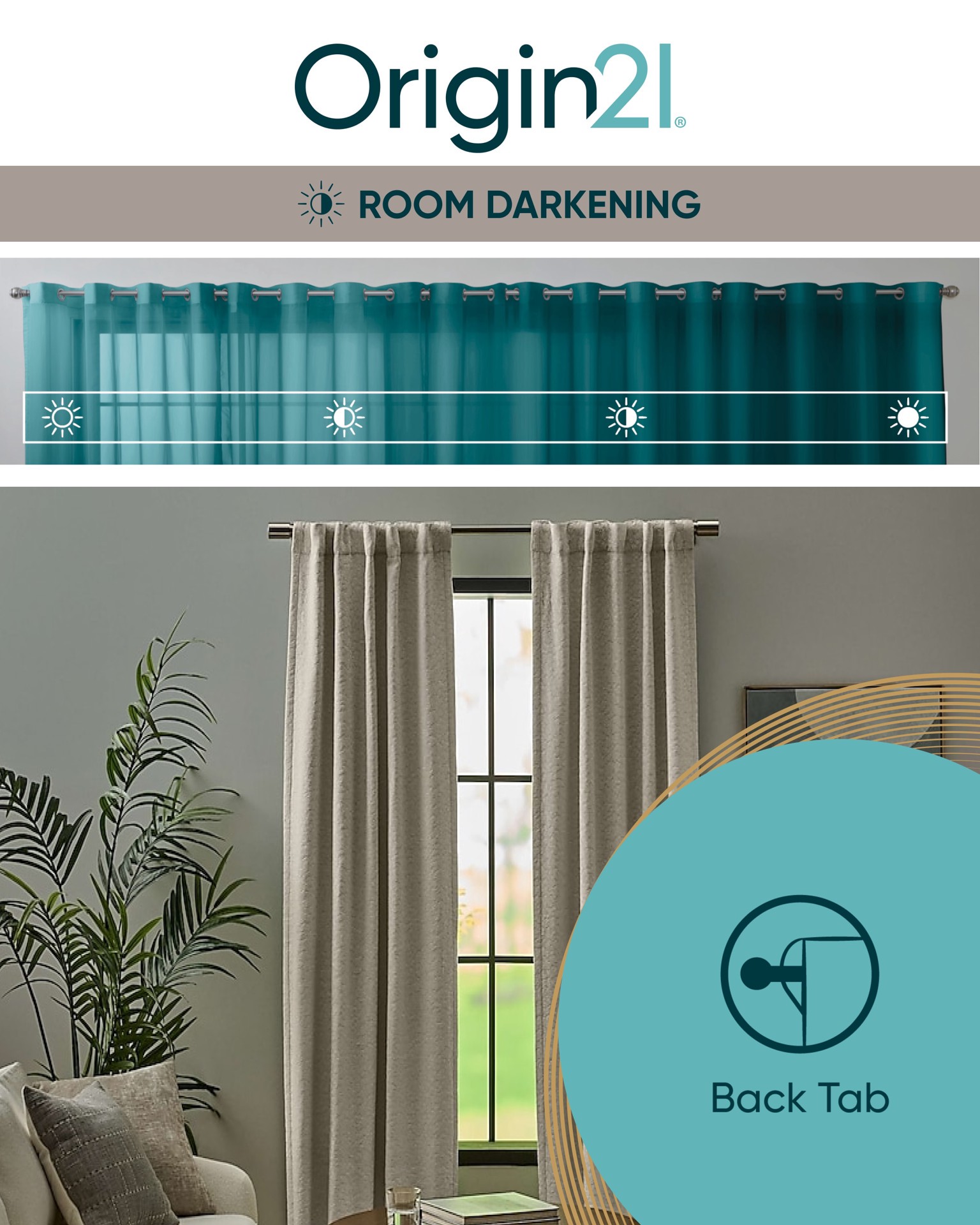 slide 2 of 5, Origin 21 84-in Bone Room darkening Interlined Back tab Curtain panel pair, 1 ct