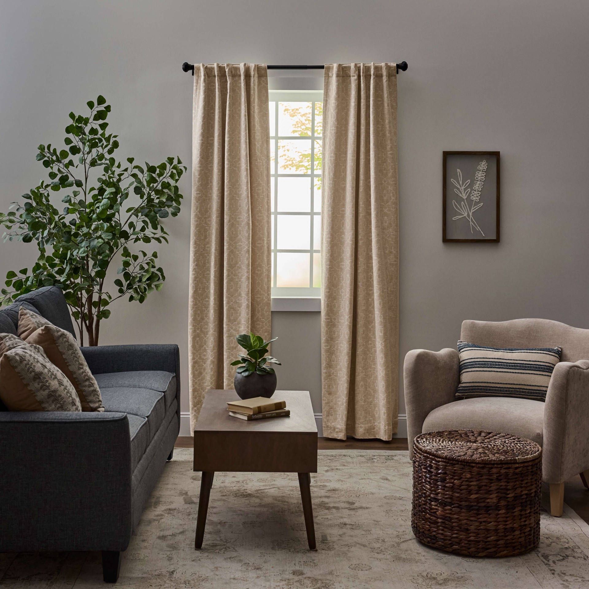 slide 1 of 5, allen + roth 84-in Linen Trellis Room darkening Interlined Back tab Curtain panel pair, 1 ct