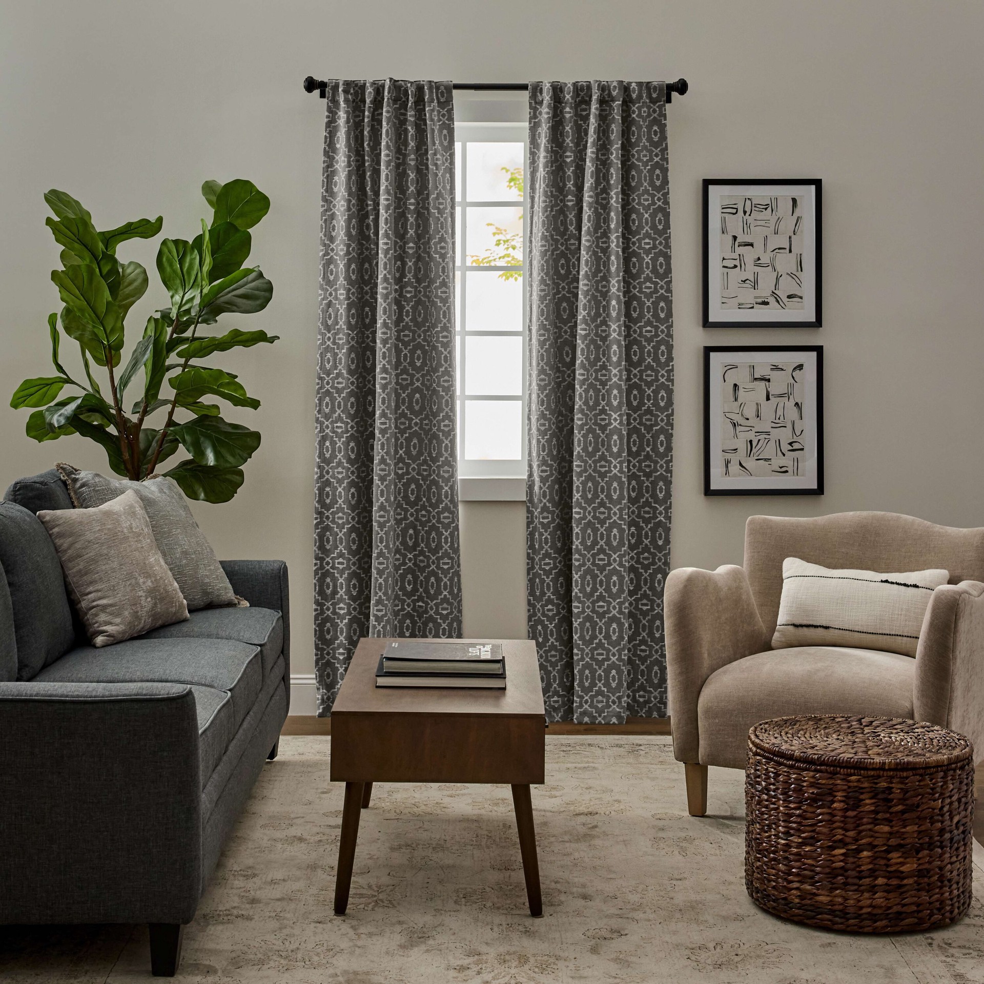 slide 1 of 5, allen + roth 84-in Grey Trellis Room darkening Interlined Back tab Curtain panel pair, 1 ct