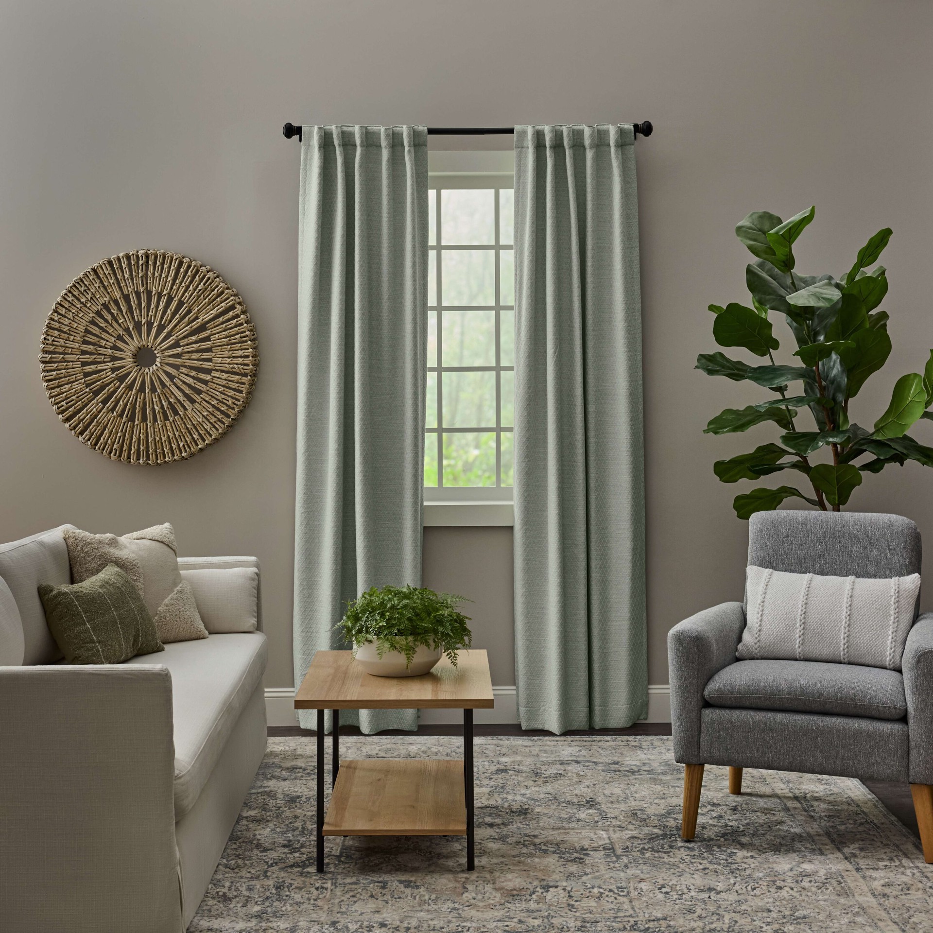 slide 1 of 5, allen + roth 84-in Turquois Trellis Room darkening Interlined Back tab Curtain panel pair, 1 ct