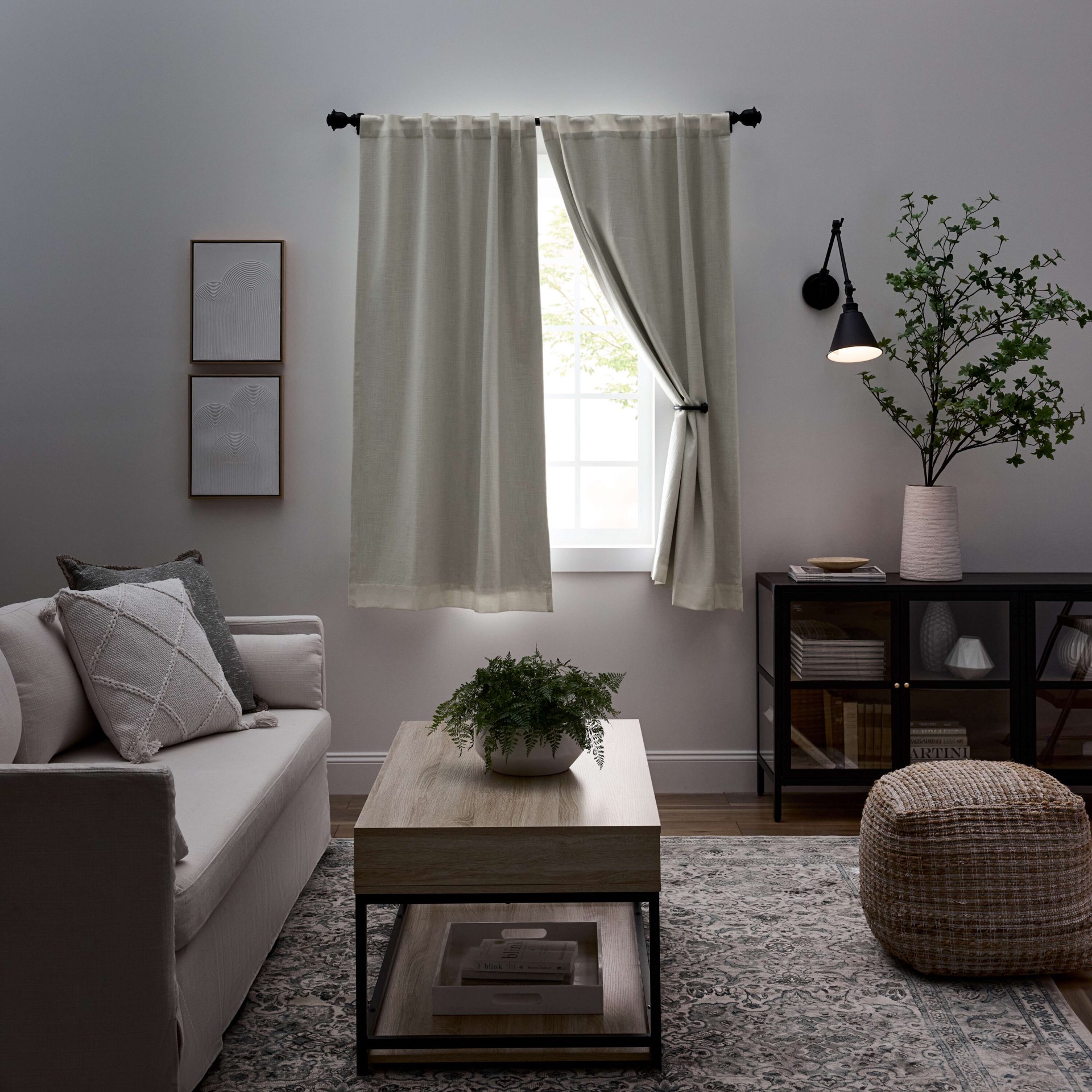 slide 1 of 5, allen + roth 63-in Ivory Blackout Interlined Back tab Curtain panel pair, 1 ct