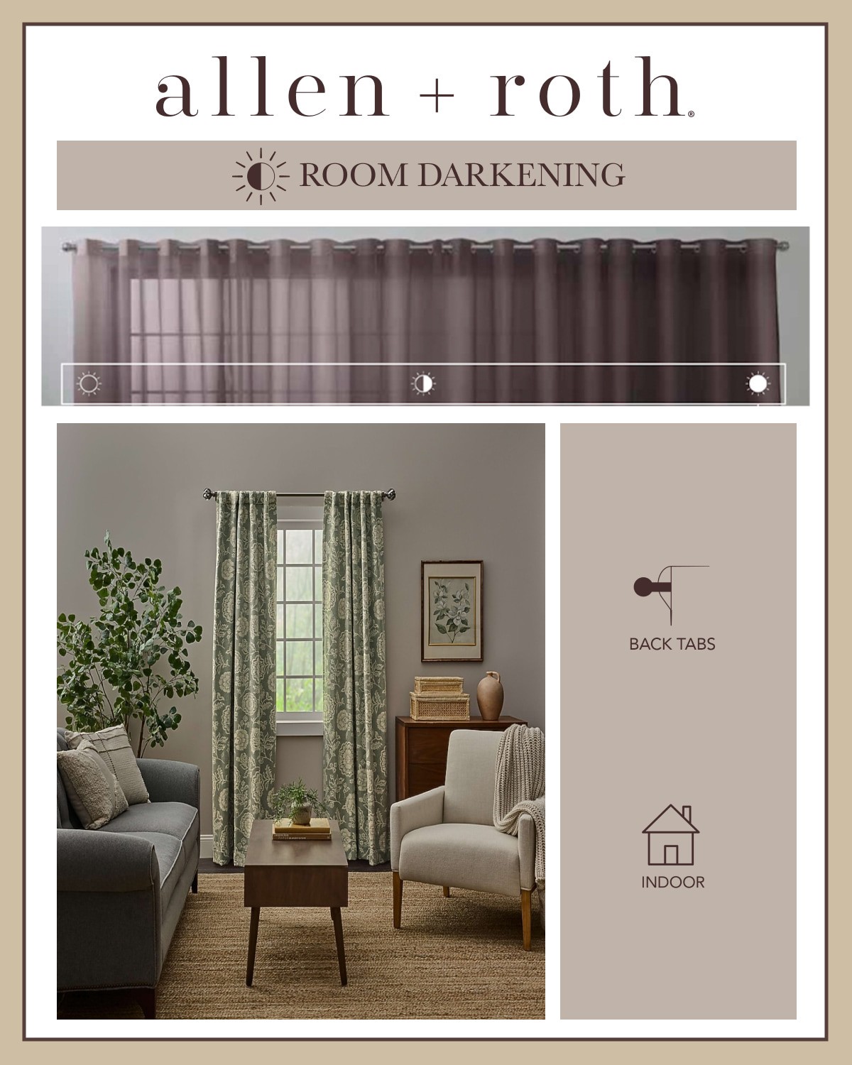 slide 2 of 5, allen + roth 84-in Dark Sage Floral Room darkening Interlined Back tab Single curtain panel, 1 ct
