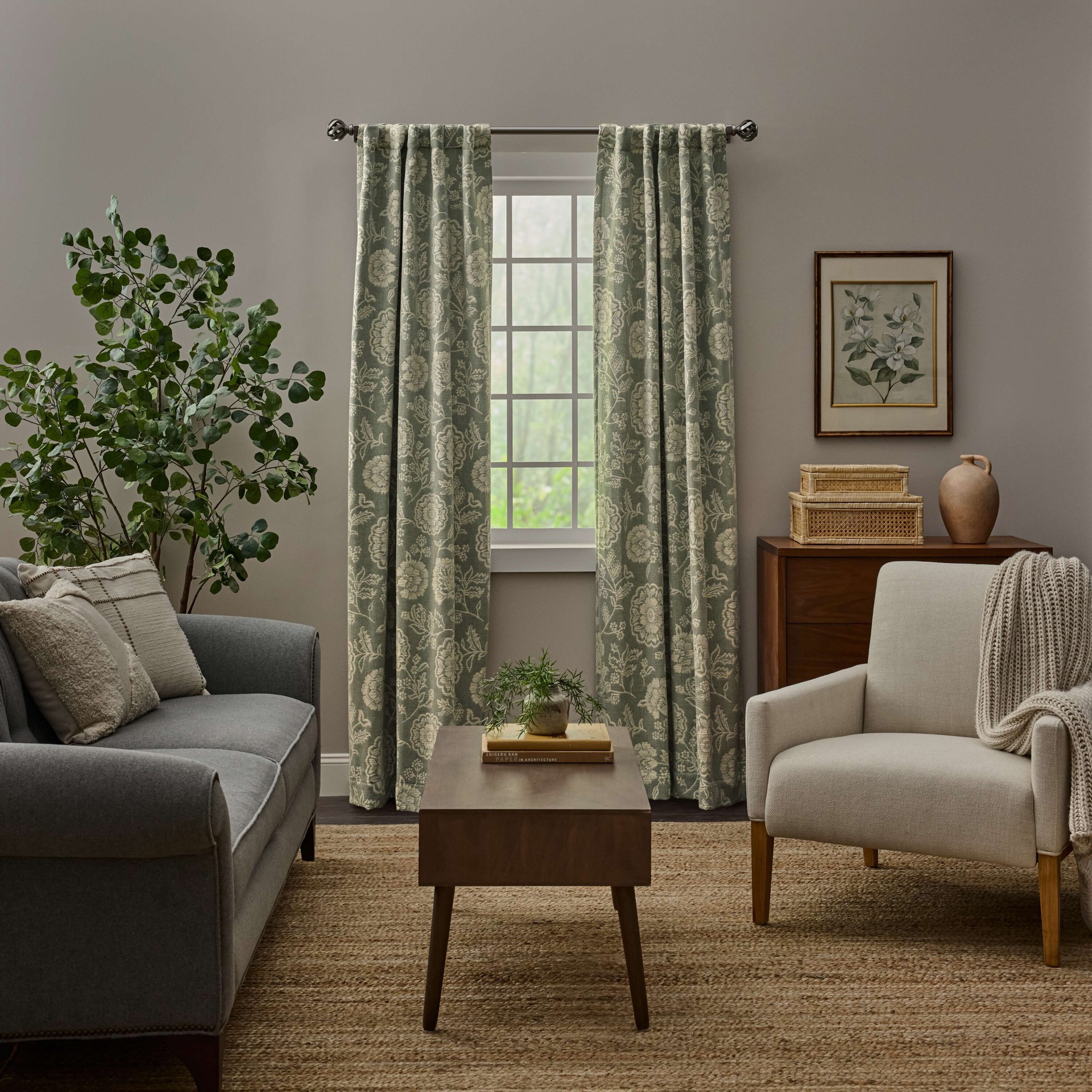 slide 1 of 5, allen + roth 84-in Dark Sage Floral Room darkening Interlined Back tab Single curtain panel, 1 ct