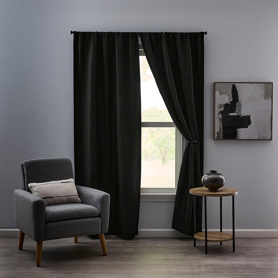 slide 2 of 4, Style Selections 84-in Moonless Night Blackout Rod pocket Curtain panel pair, 1 ct