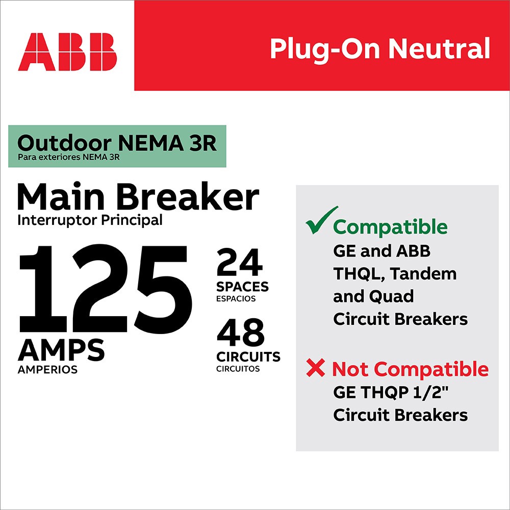 slide 4 of 6, ABB ReliaHome P-Series 125 -Amp 24 -Spaces 48 -Circuit Outdoor Main Breaker Plug-On Neutral Load Center, 1 ct
