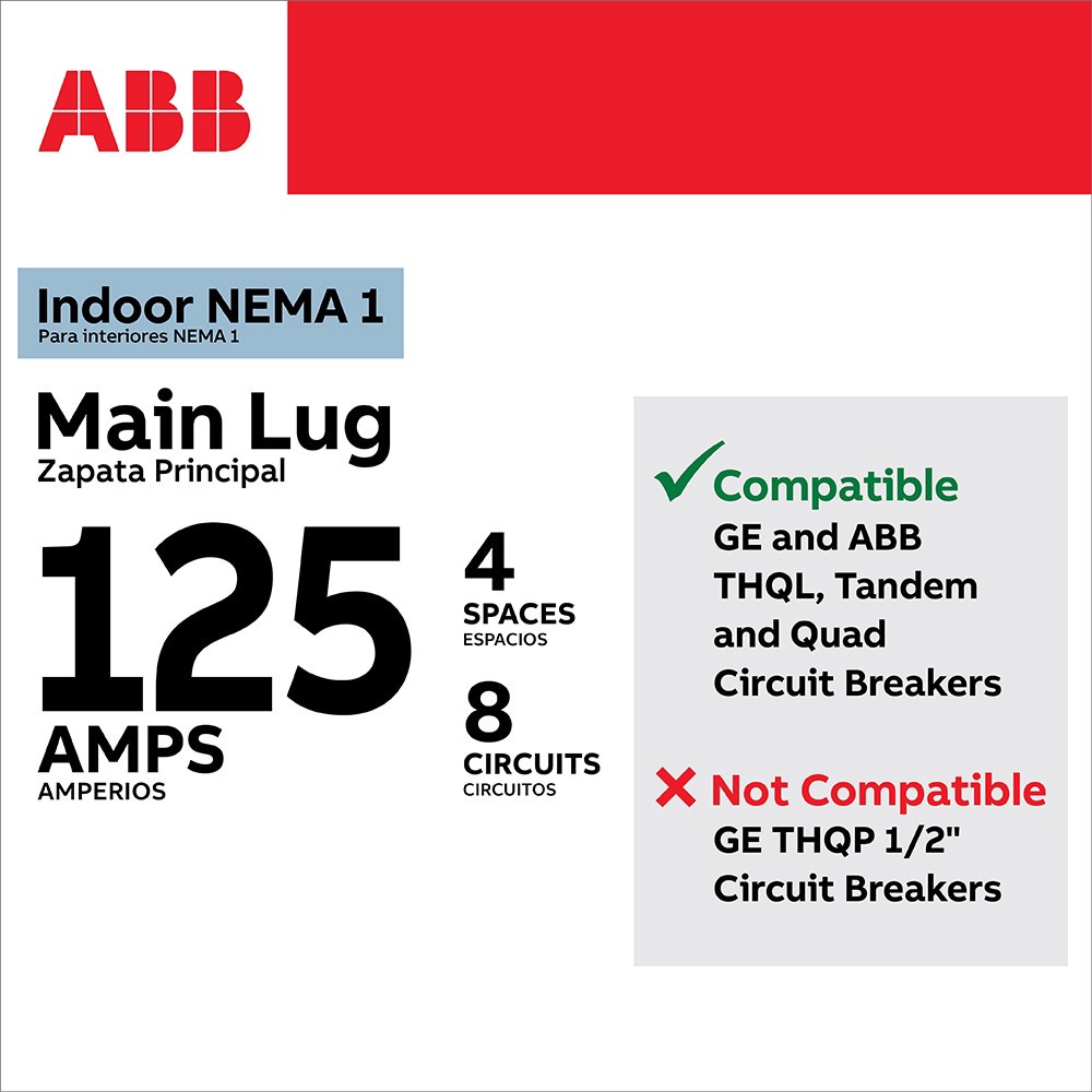 slide 4 of 6, ABB ReliaHome T-Series 125 -Amp 4 -Spaces 8 -Circuit Indoor Main Lug Load Center, 1 ct
