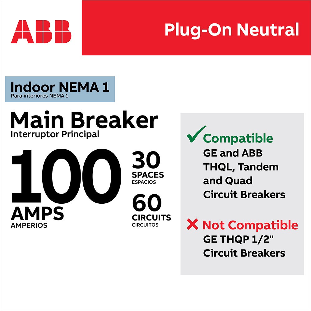 slide 4 of 6, ABB ReliaHome P-Series 100 -Amp 30 -Spaces 60 -Circuit Indoor Main Breaker Plug-On Neutral Load Center, 1 ct