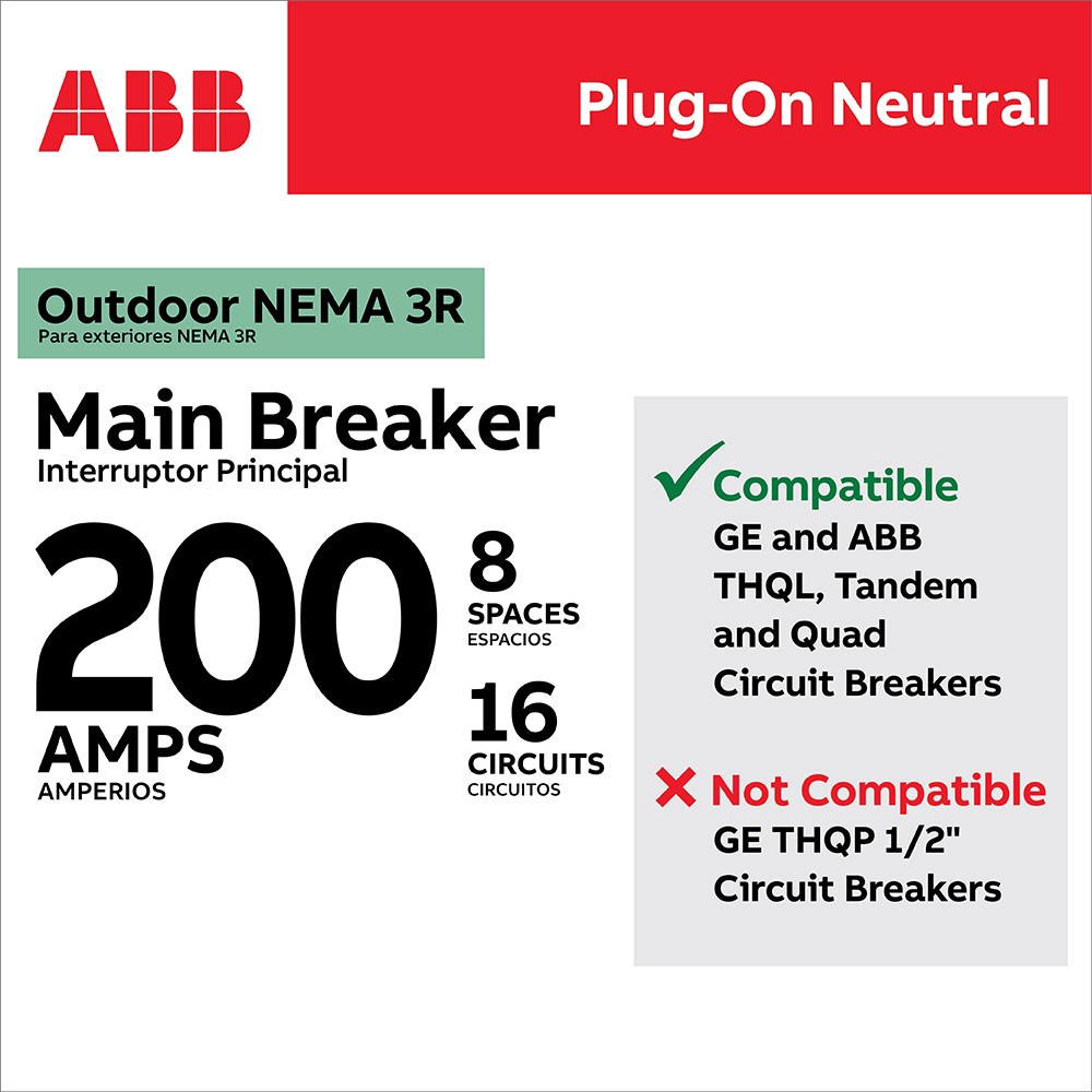 slide 4 of 6, ABB ReliaHome P-Series 200 -Amp 8 -Spaces 16 -Circuit Outdoor Main Breaker Plug-On Neutral Load Center, 1 ct