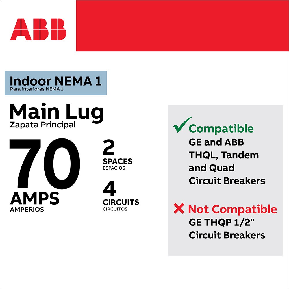 slide 4 of 6, ABB ReliaHome T-Series 70 -Amp 4 -Spaces 4 -Circuit Indoor Main Lug Load Center, 1 ct