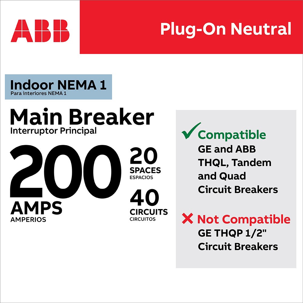 slide 4 of 6, ABB ReliaHome P-Series 200 -Amp 20 -Spaces 40 -Circuit Indoor Main Breaker Plug-On Neutral Load Center (Value Pack), 1 ct