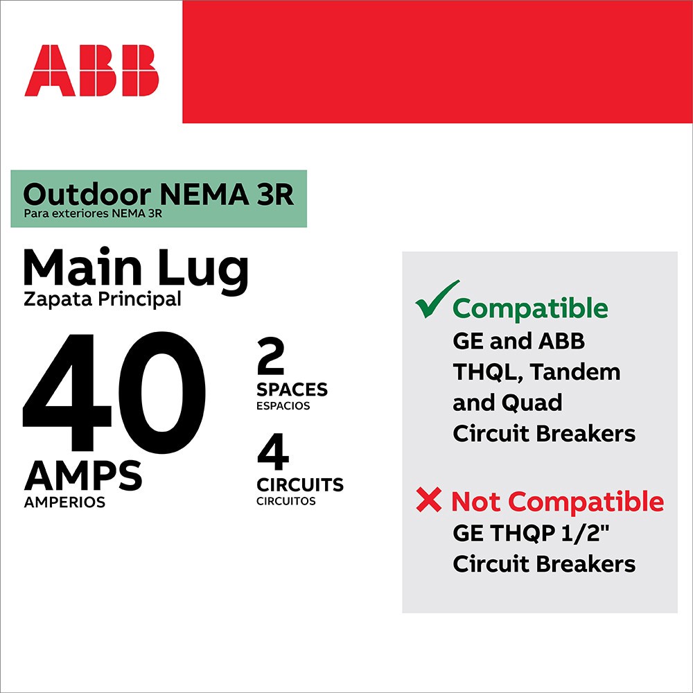 slide 4 of 6, ABB ReliaHome T-Series 40 -Amp 2 -Spaces 4 -Circuit Outdoor Main Lug Load Center, 1 ct