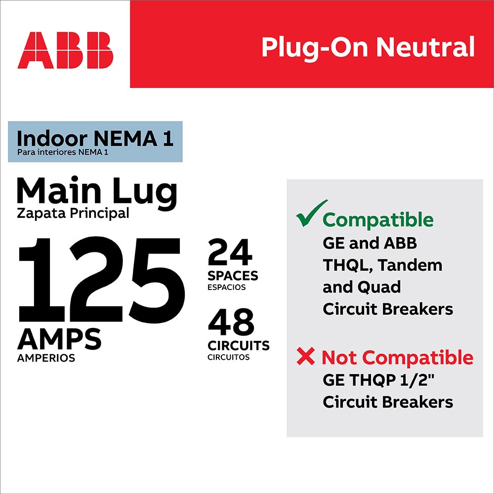 slide 4 of 6, ABB ReliaHome P-Series 125 -Amp 24 -Spaces 48 -Circuit Indoor Main Lug Plug-On Neutral Load Center (Value Pack), 1 ct