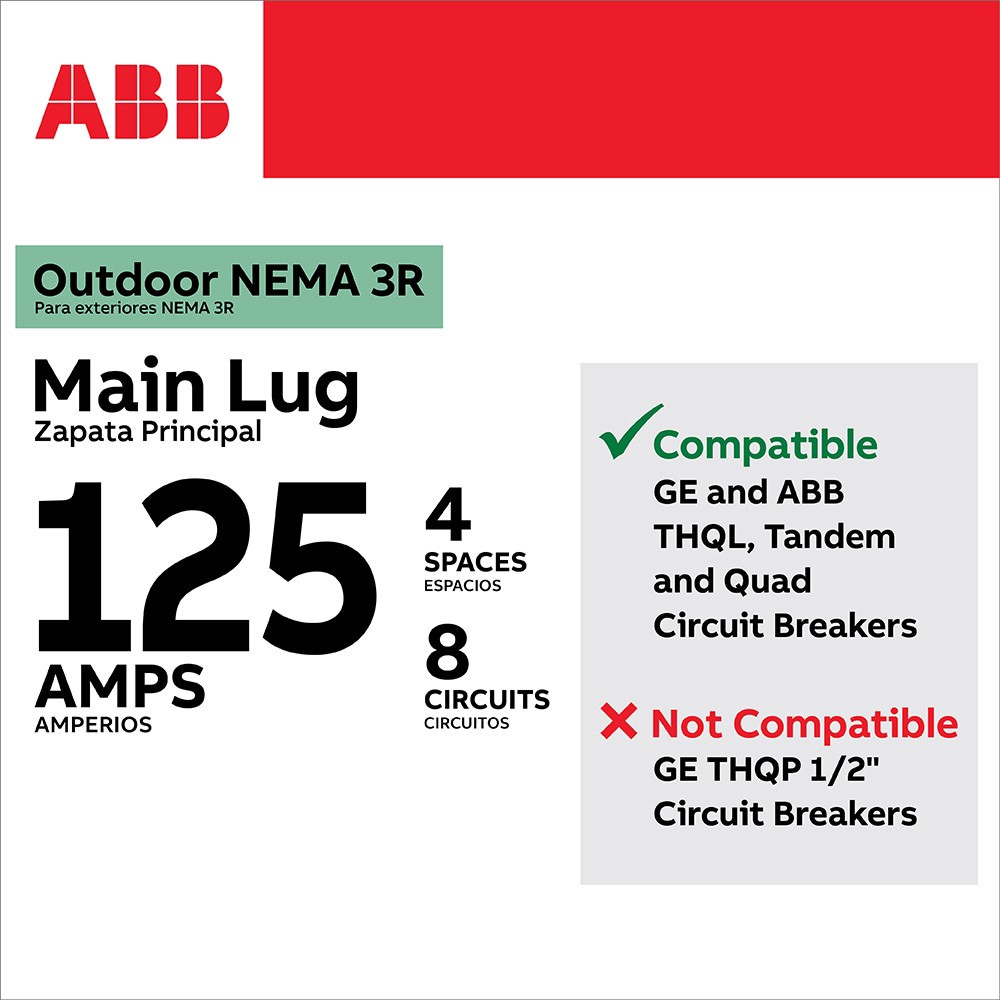slide 4 of 6, ABB ReliaHome T-Series 125 -Amp 4 -Spaces 8 -Circuit Outdoor Main Lug Load Center, 1 ct