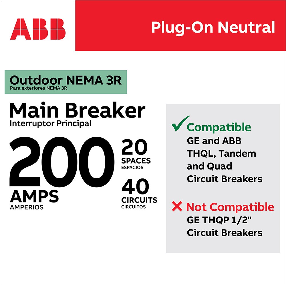 slide 4 of 6, ABB ReliaHome P-Series 200 -Amp 20 -Spaces 40 -Circuit Outdoor Main Breaker Plug-On Neutral Load Center (Value Pack), 1 ct