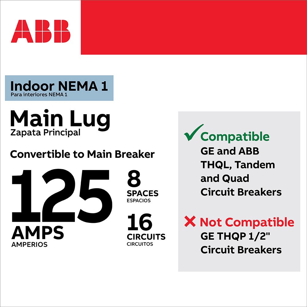 slide 4 of 6, ABB ReliaHome T-Series 125 -Amp 8 -Spaces 16 -Circuit Indoor Convertible Main Lug Load Center, 1 ct