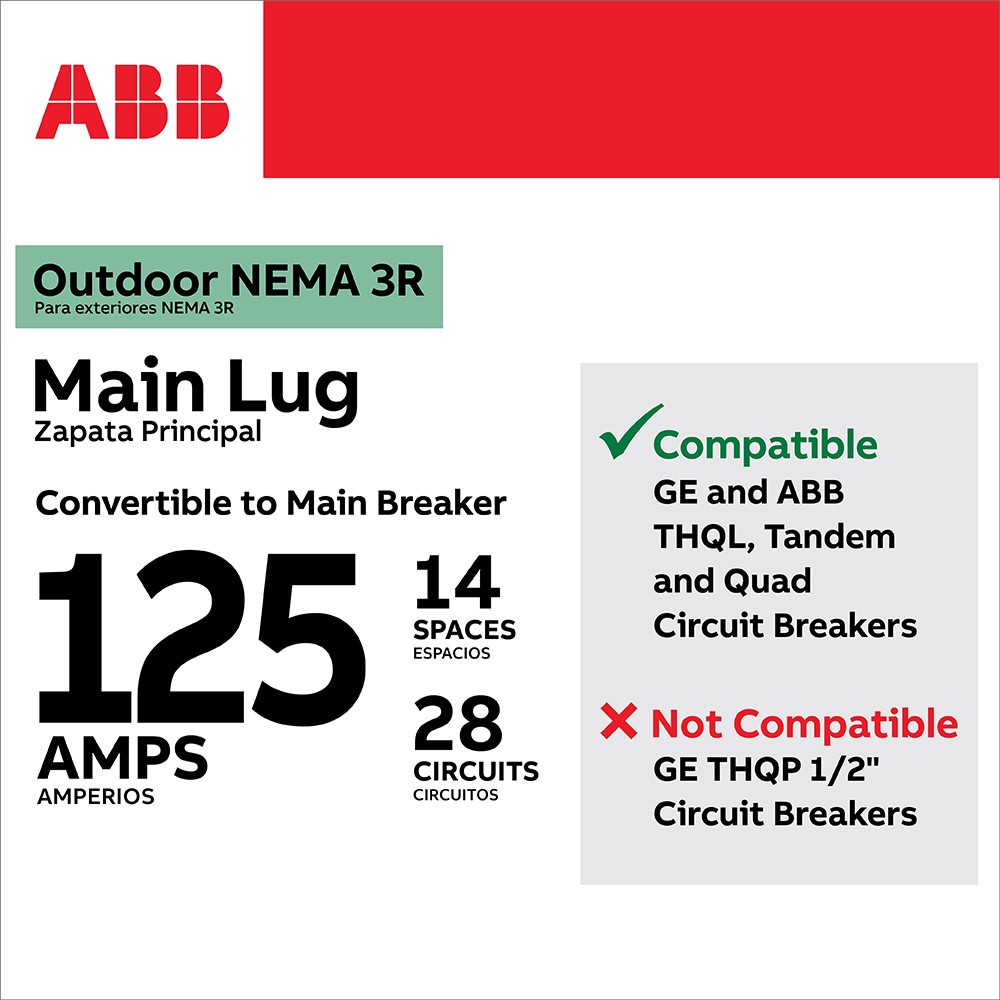 slide 4 of 6, ABB ReliaHome T-Series 125 -Amp 14 -Spaces 28 -Circuit Outdoor Convertible Main Lug Load Center, 1 ct