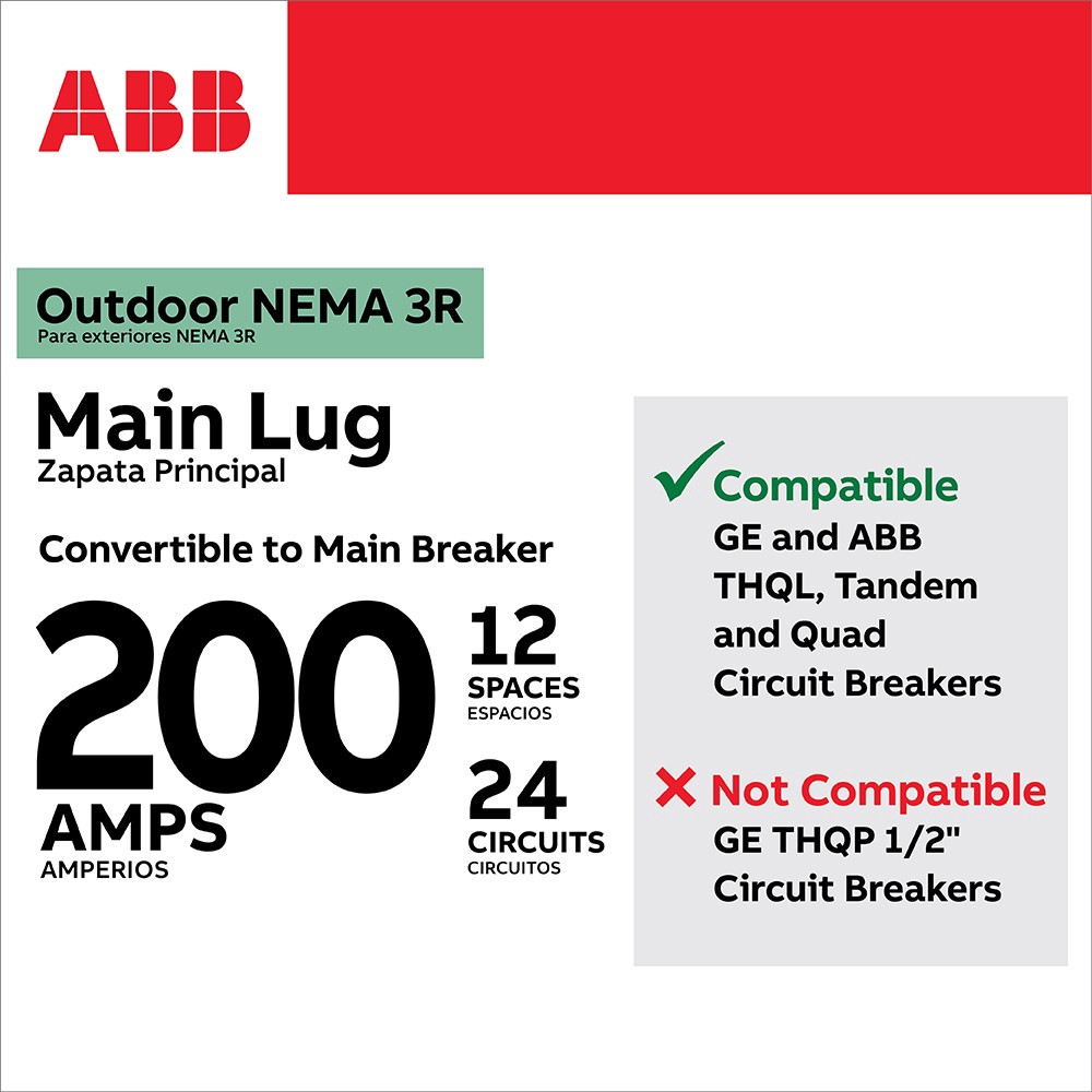 slide 4 of 6, ABB ReliaHome T-Series 200 -Amp 12 -Spaces 24 -Circuit Outdoor Convertible Main Lug Load Center, 1 ct