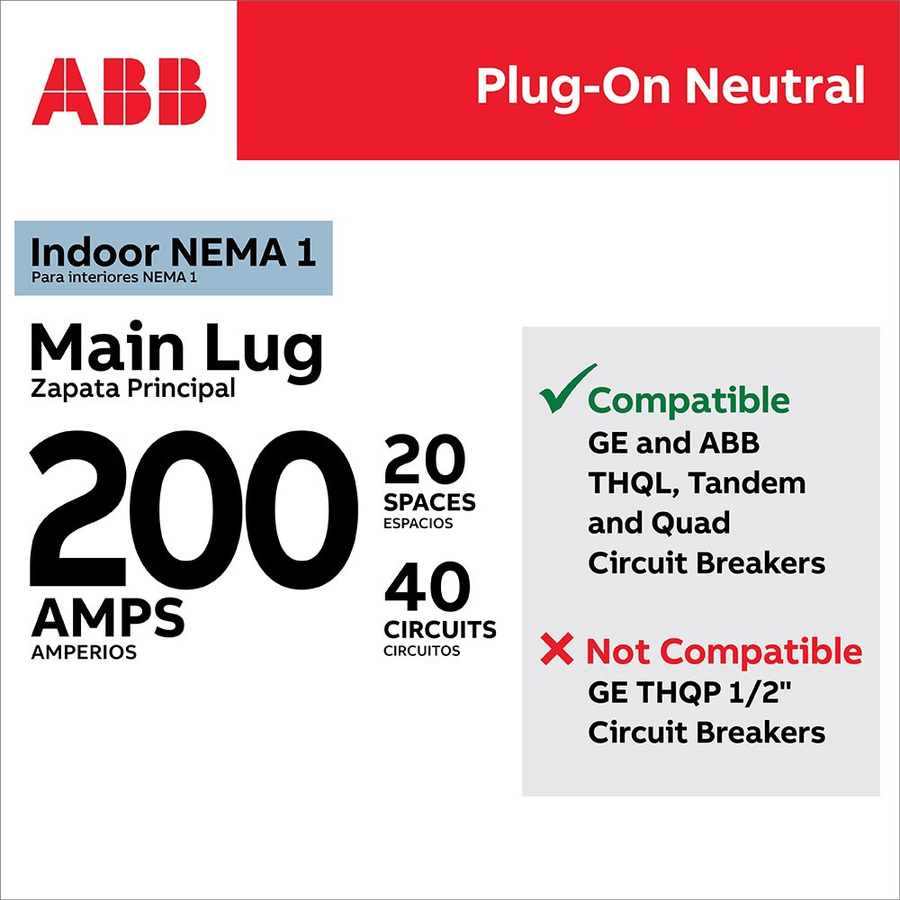 slide 4 of 6, ABB ReliaHome P-Series 200 -Amp 20 -Spaces 40 -Circuit Indoor Main Lug Plug-On Neutral Load Center (Value Pack), 1 ct