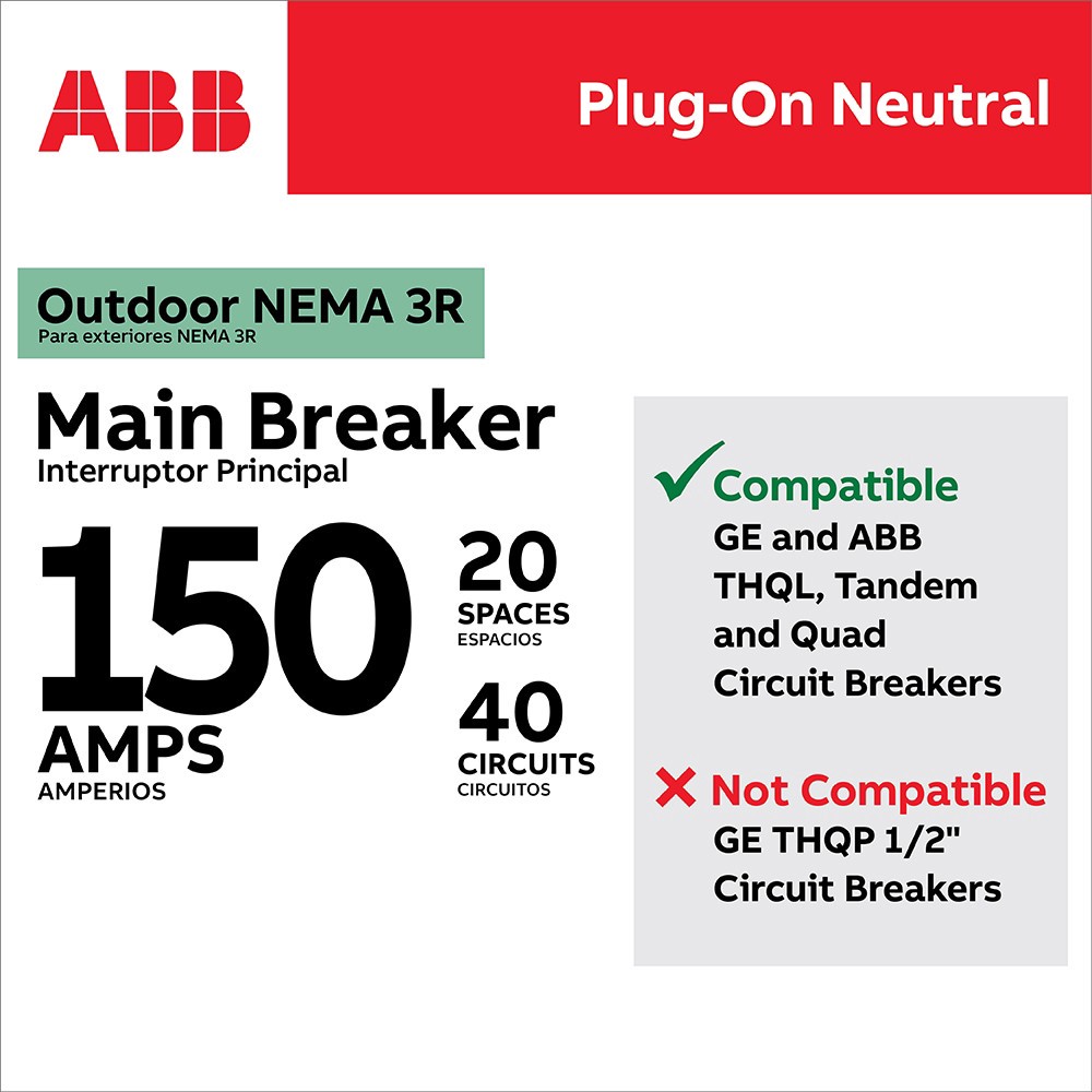 slide 4 of 6, ABB ReliaHome P-Series 150 -Amp 20 -Spaces 40 -Circuit Outdoor Main Breaker Plug-On Neutral Load Center, 1 ct