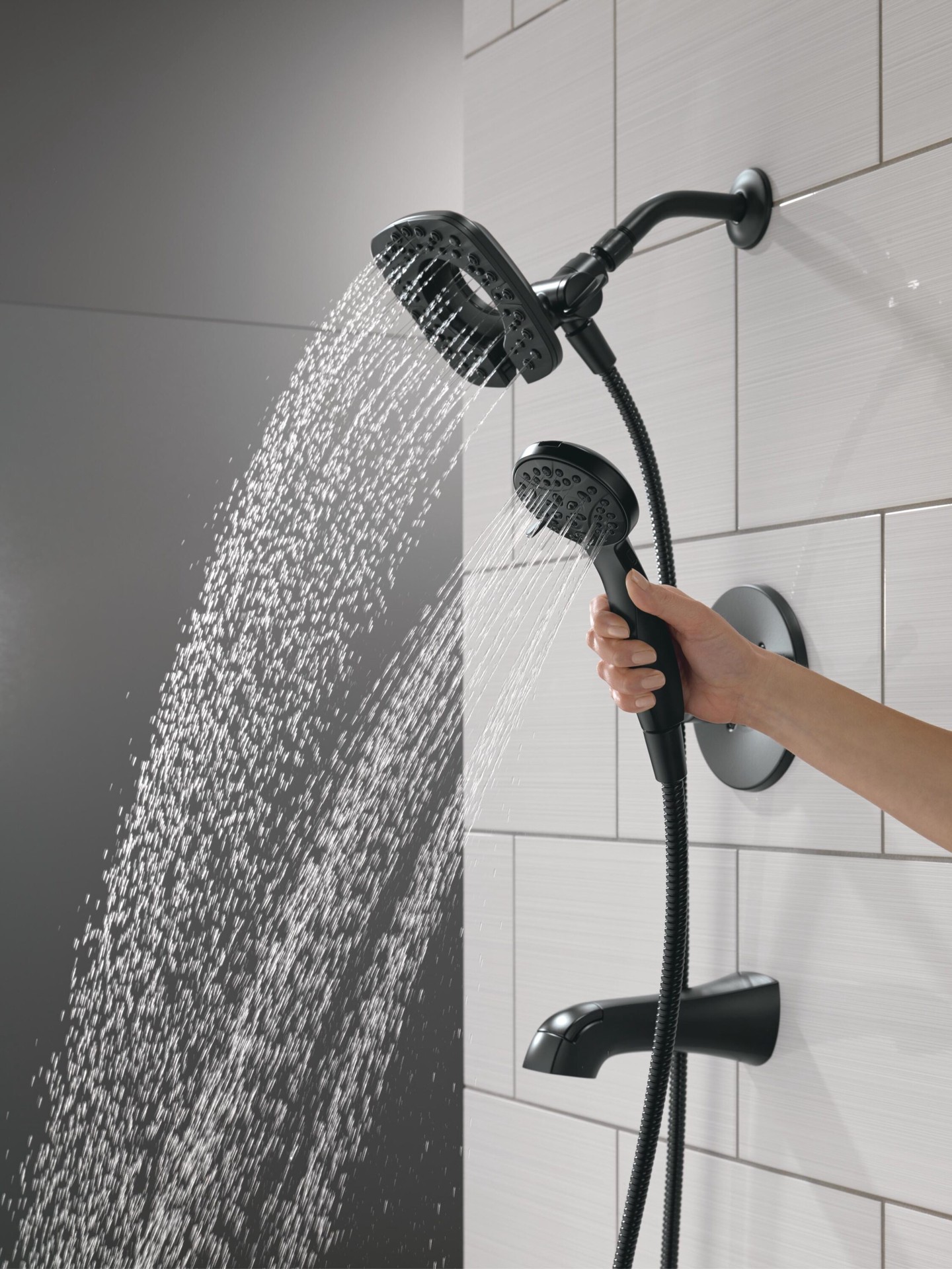 slide 2 of 6, Delta Lacey Matte Black 1-handle 6-in Square Bathtub and shower Faucet with Valve (Handheld), 1 ct