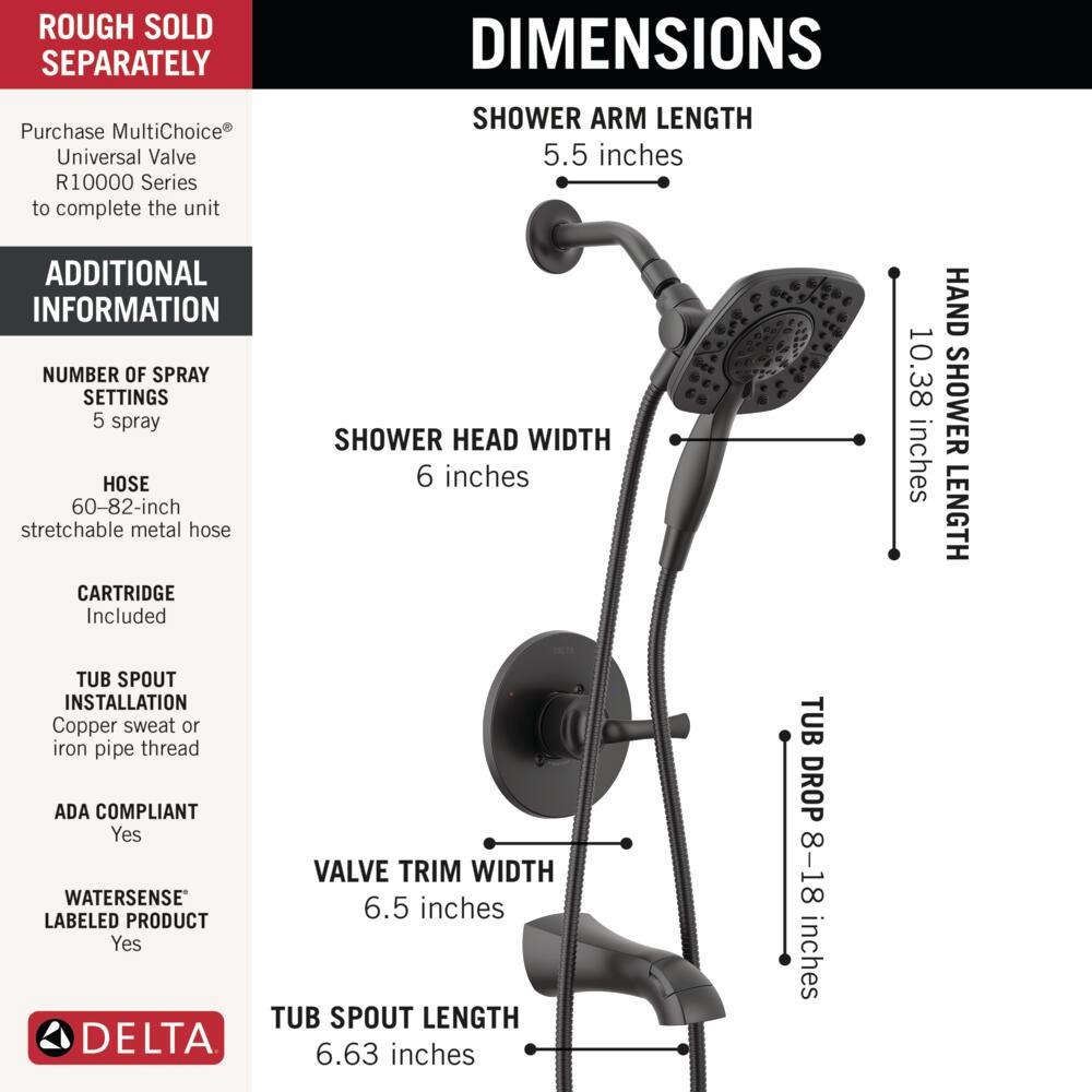 slide 5 of 6, Delta Lacey Matte Black 1-handle 6-in Square Bathtub and shower Faucet with Valve (Handheld), 1 ct
