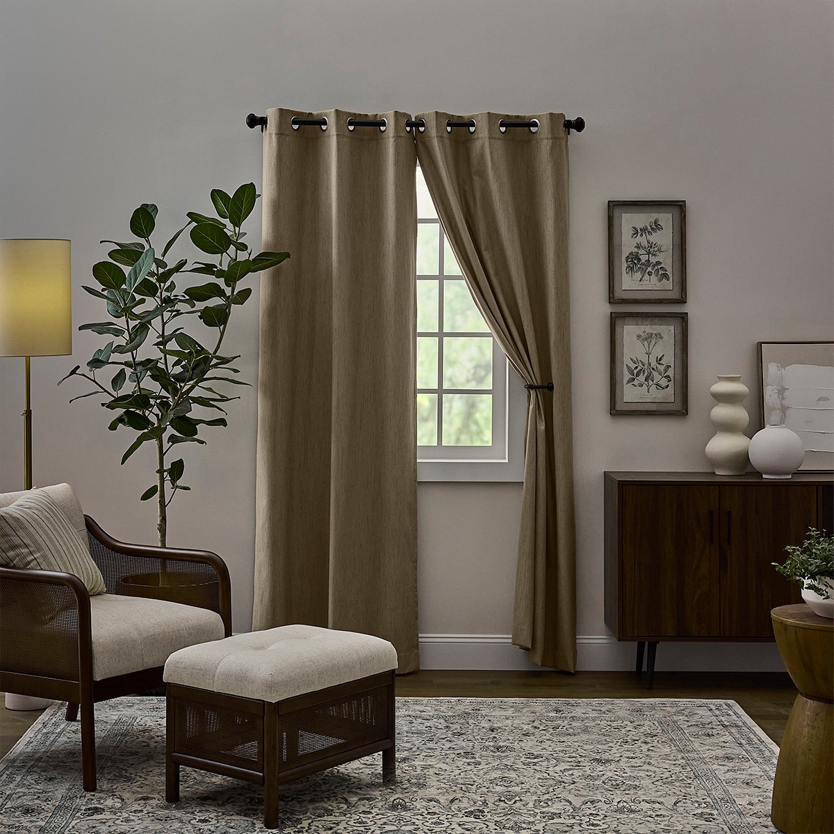 slide 1 of 6, allen + roth 84-in Simply Taupe Blackout Grommet Curtain panel pair, 1 ct