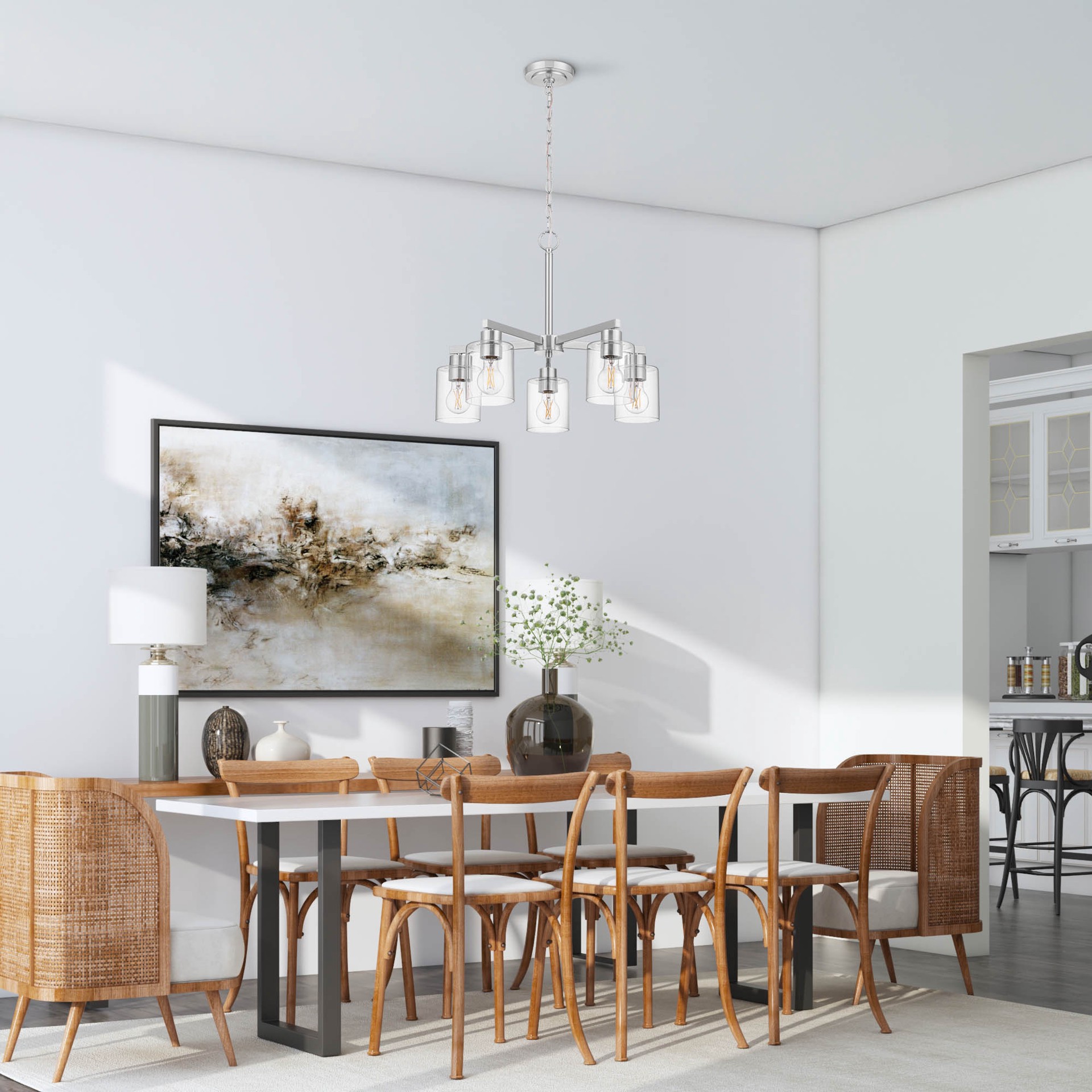 slide 3 of 6, allen + roth Evans 5 -Light Brushed Nickel Transitional For Use in Bedrooms, Dining Rooms, Foyers, Kitchens, Living Rooms Chandelier, 1 ct