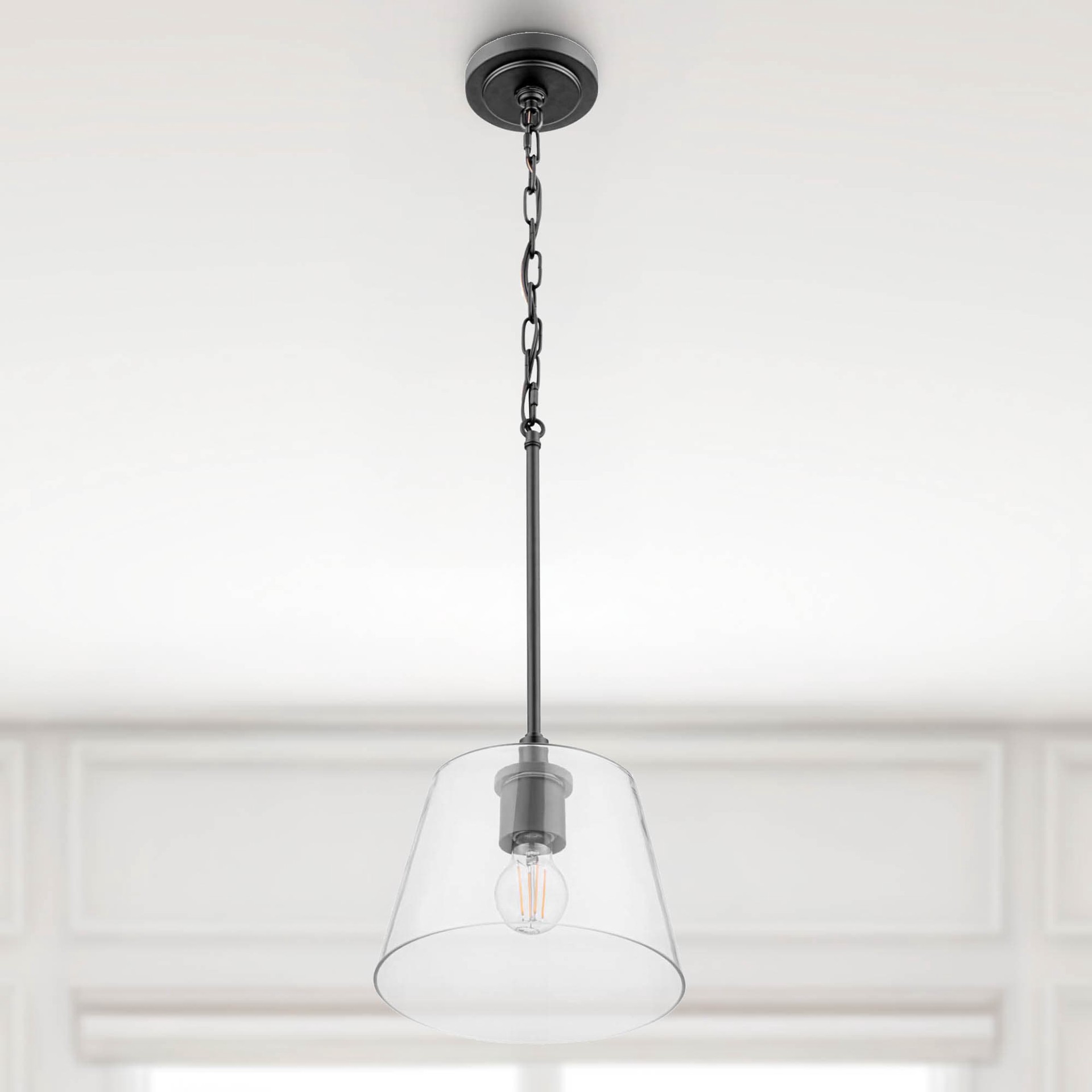 slide 1 of 6, allen + roth Evans 1 -Light Matte Black Transitional Clear glass Cone Small Hanging Pendant light, 1 ct