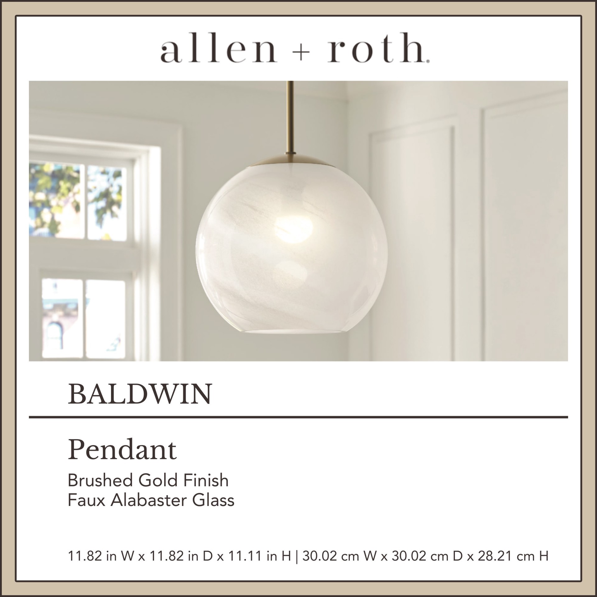 slide 3 of 6, allen + roth Baldwin 1 -Light Brushed Gold Modern/contemporary Alabaster glass Globe Small Hanging Pendant light, 1 ct