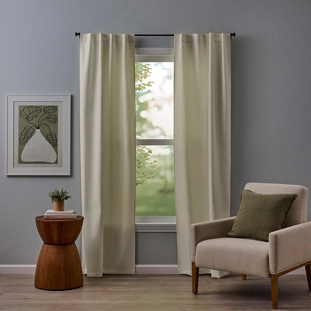 slide 1 of 5, allen + roth 84-in Ivory Room darkening Thermal lined Back tab/Pinch pleat/Rod pocket Curtain panel pair, 1 ct