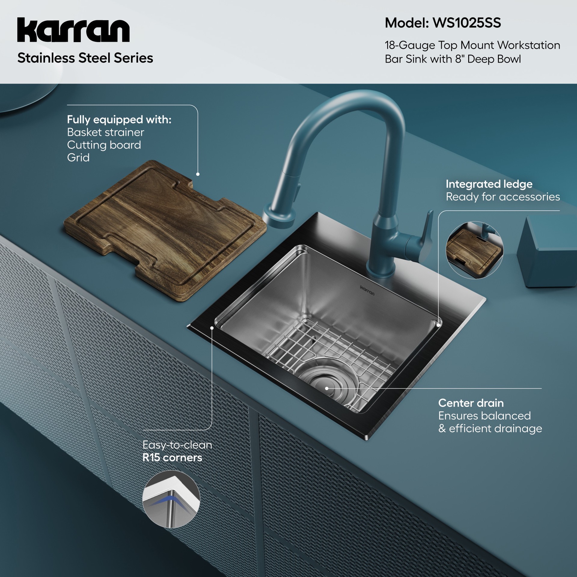 slide 4 of 6, Karran 15-in L x 15-in W Stainless steel Dual-mount Commercial Bar Sink, 1 ct