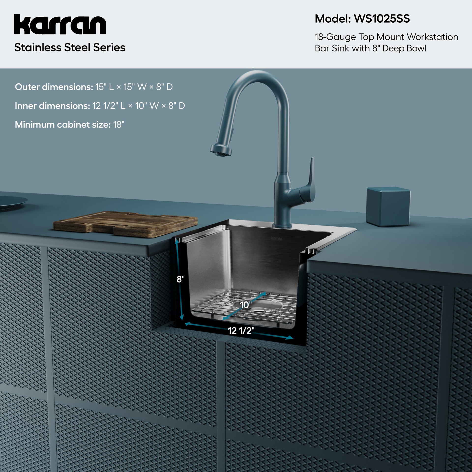 slide 6 of 6, Karran 15-in L x 15-in W Stainless steel Dual-mount Commercial Bar Sink, 1 ct