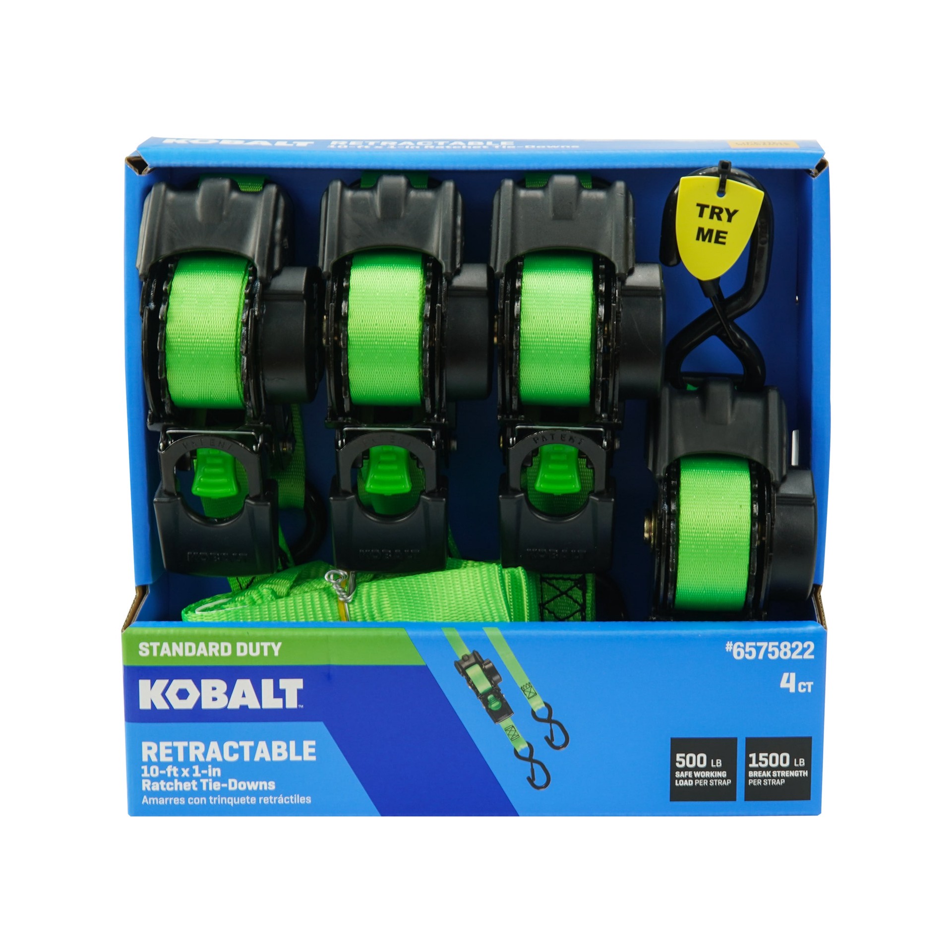 slide 6 of 6, Kobalt 1-in x 10-ft Retractable Ratchet Strap with S-Hook 1500-lb Break Strength 4 -Pack, 1 ct