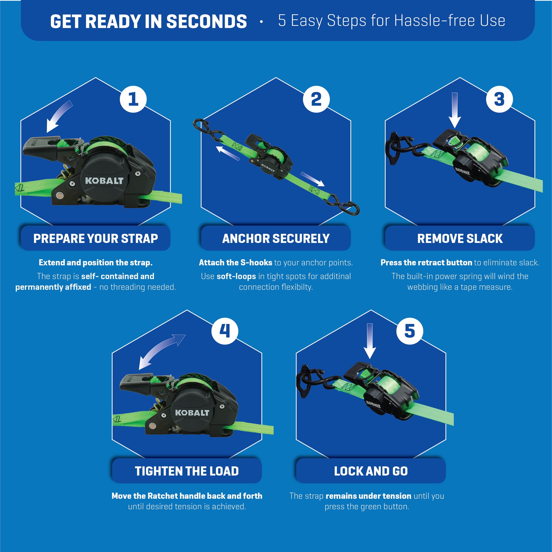 slide 2 of 6, Kobalt 1-in x 10-ft Retractable Ratchet Strap with S-Hook 1500-lb Break Strength 4 -Pack, 1 ct