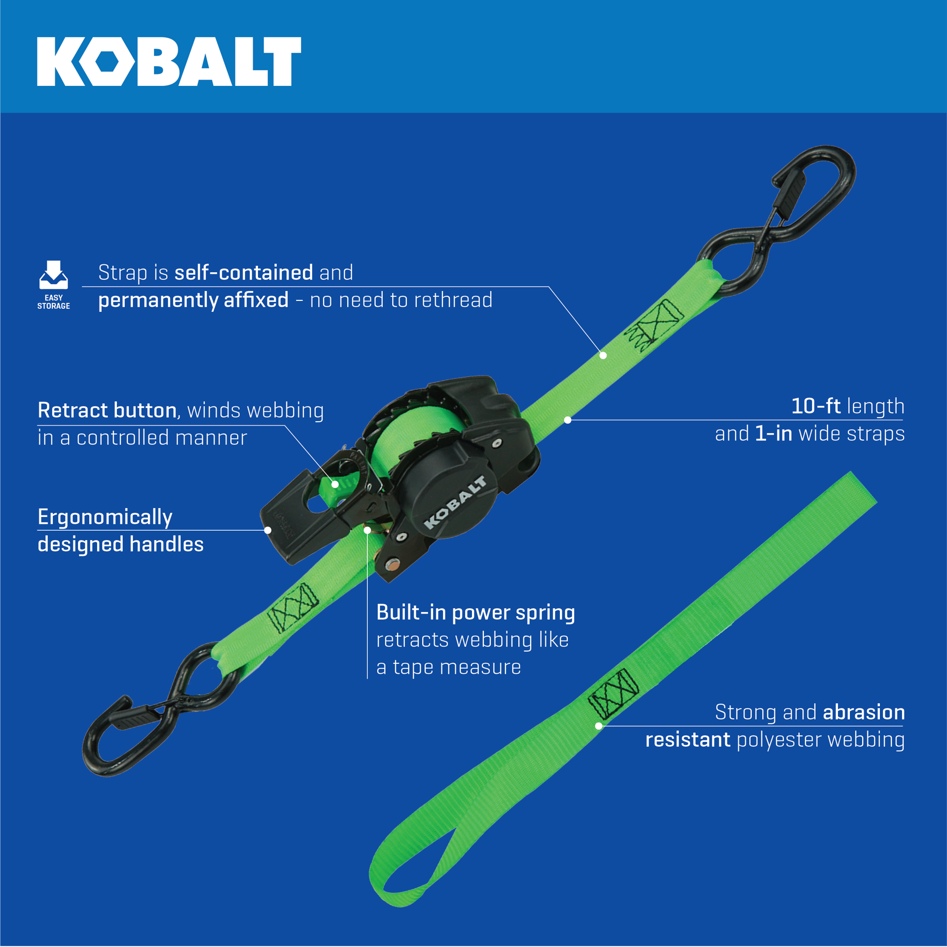 slide 3 of 6, Kobalt 1-in x 10-ft Retractable Ratchet Strap with S-Hook 1500-lb Break Strength 4 -Pack, 1 ct