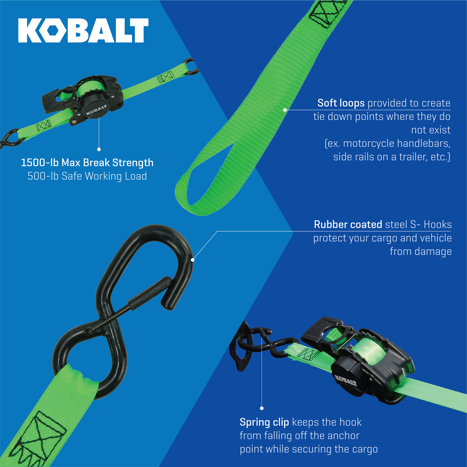 slide 4 of 6, Kobalt 1-in x 10-ft Retractable Ratchet Strap with S-Hook 1500-lb Break Strength 4 -Pack, 1 ct