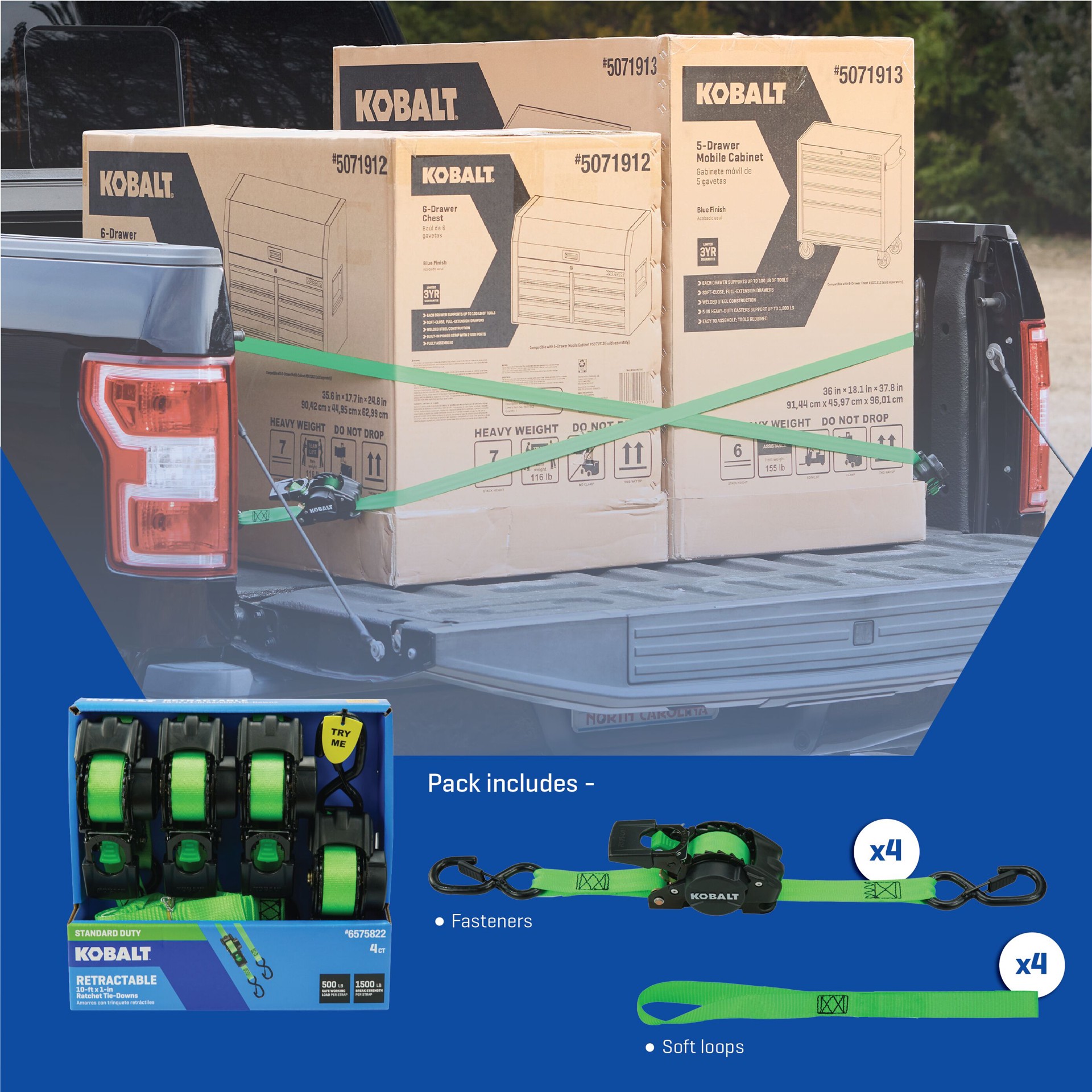 slide 5 of 6, Kobalt 1-in x 10-ft Retractable Ratchet Strap with S-Hook 1500-lb Break Strength 4 -Pack, 1 ct