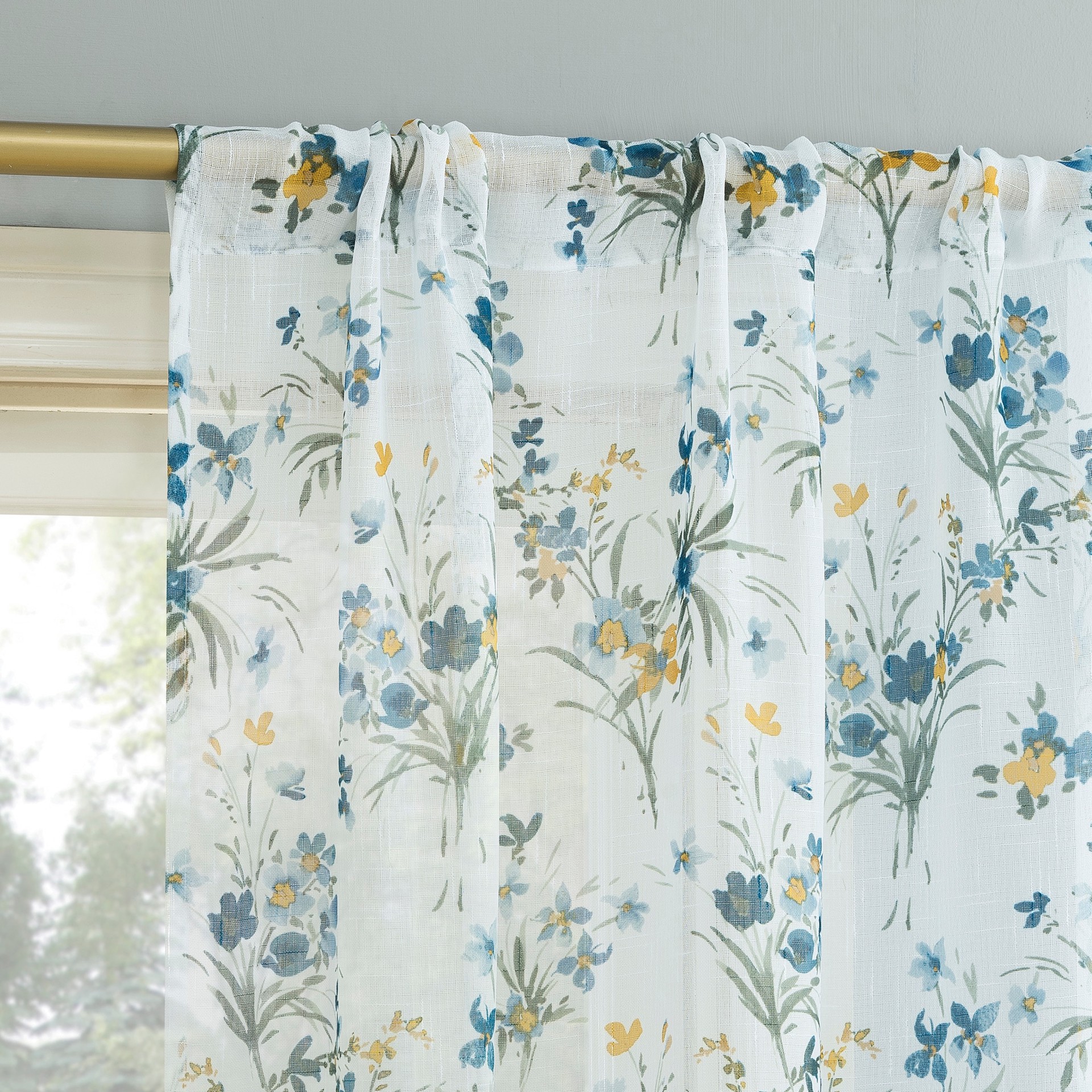 slide 3 of 6, allen + roth 84-in Blue Floral Sheer Rod pocket Curtain panel pair, 1 ct