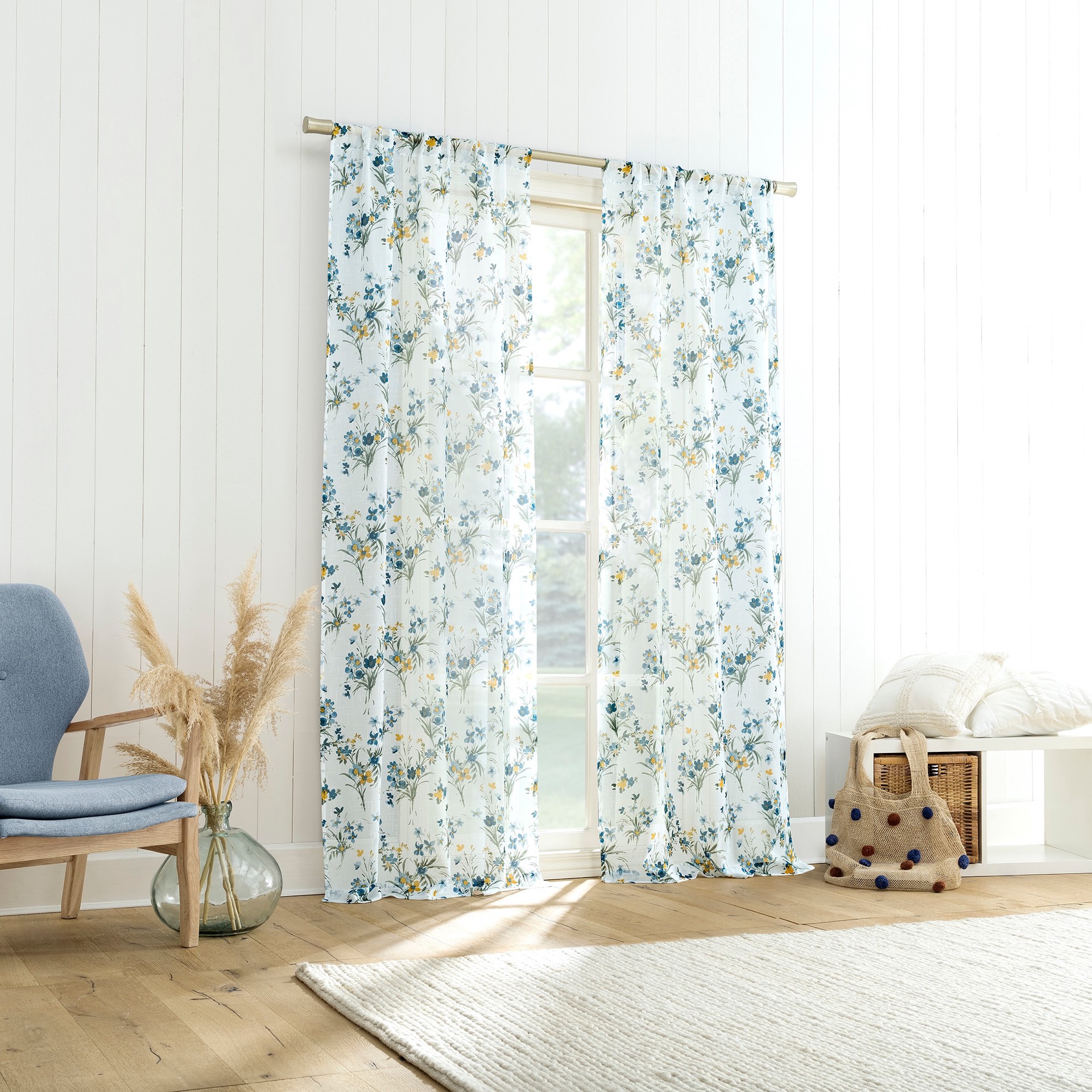 slide 6 of 6, allen + roth 84-in Blue Floral Sheer Rod pocket Curtain panel pair, 1 ct