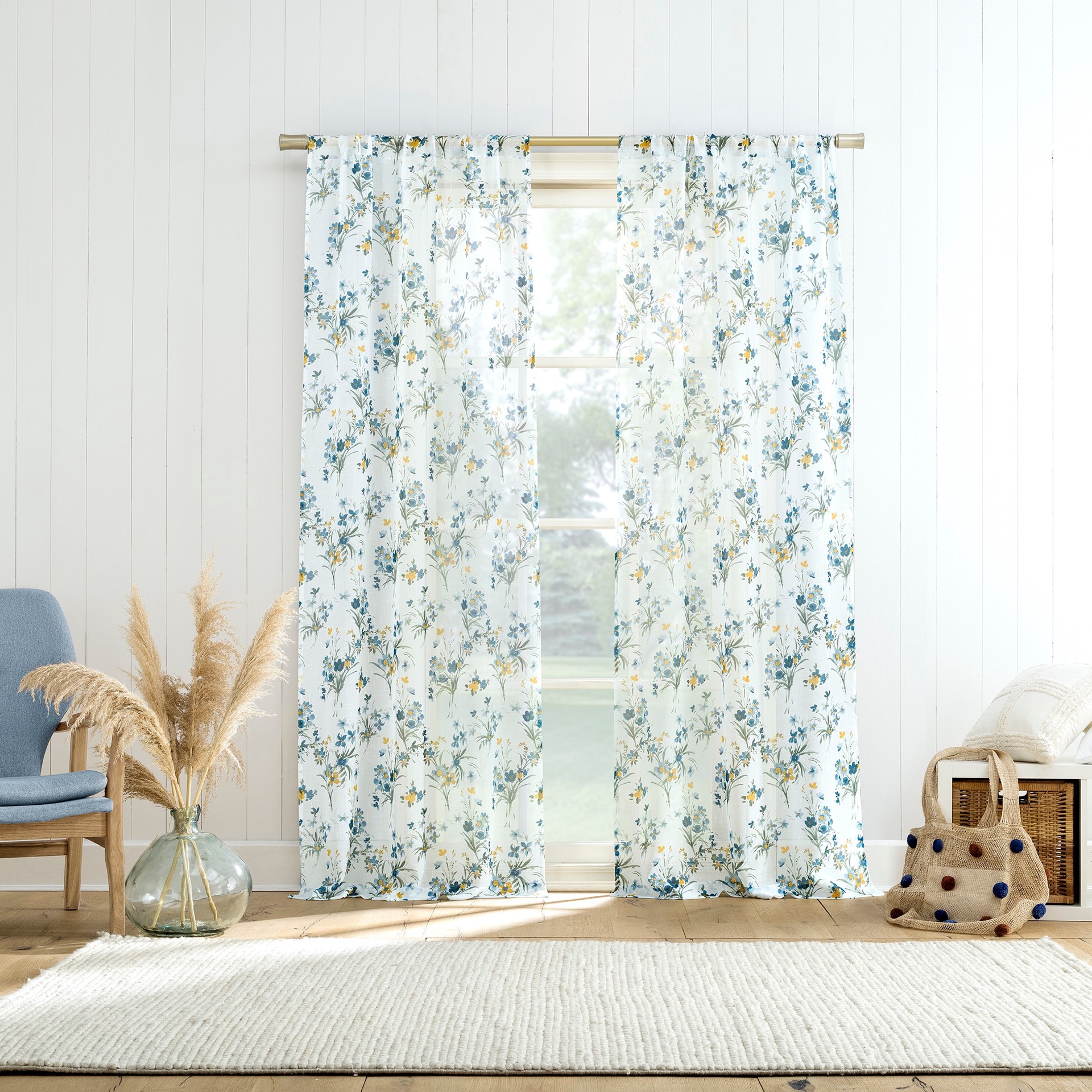 slide 1 of 6, allen + roth 84-in Blue Floral Sheer Rod pocket Curtain panel pair, 1 ct