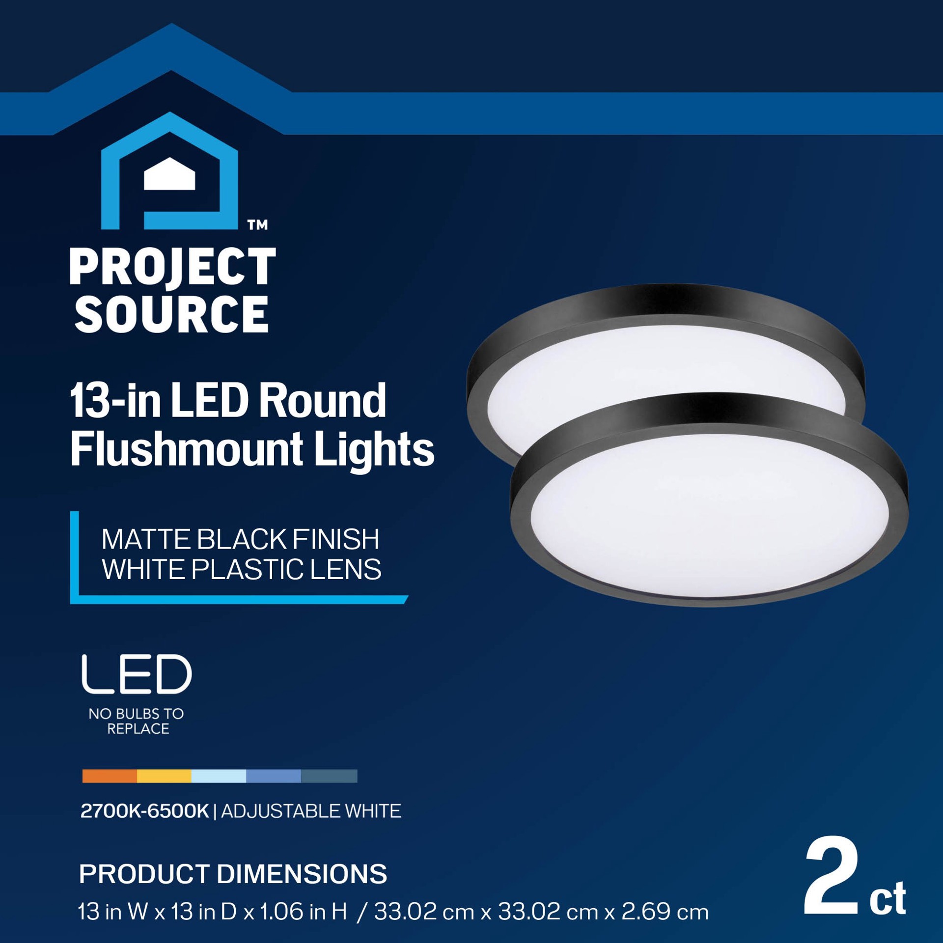 slide 3 of 6, Project Source Edge Light 1 -Light 13-in Matte Black Indoor/Outdoor Integrated LED Flush Mount Light 2 -Pack, 1 ct